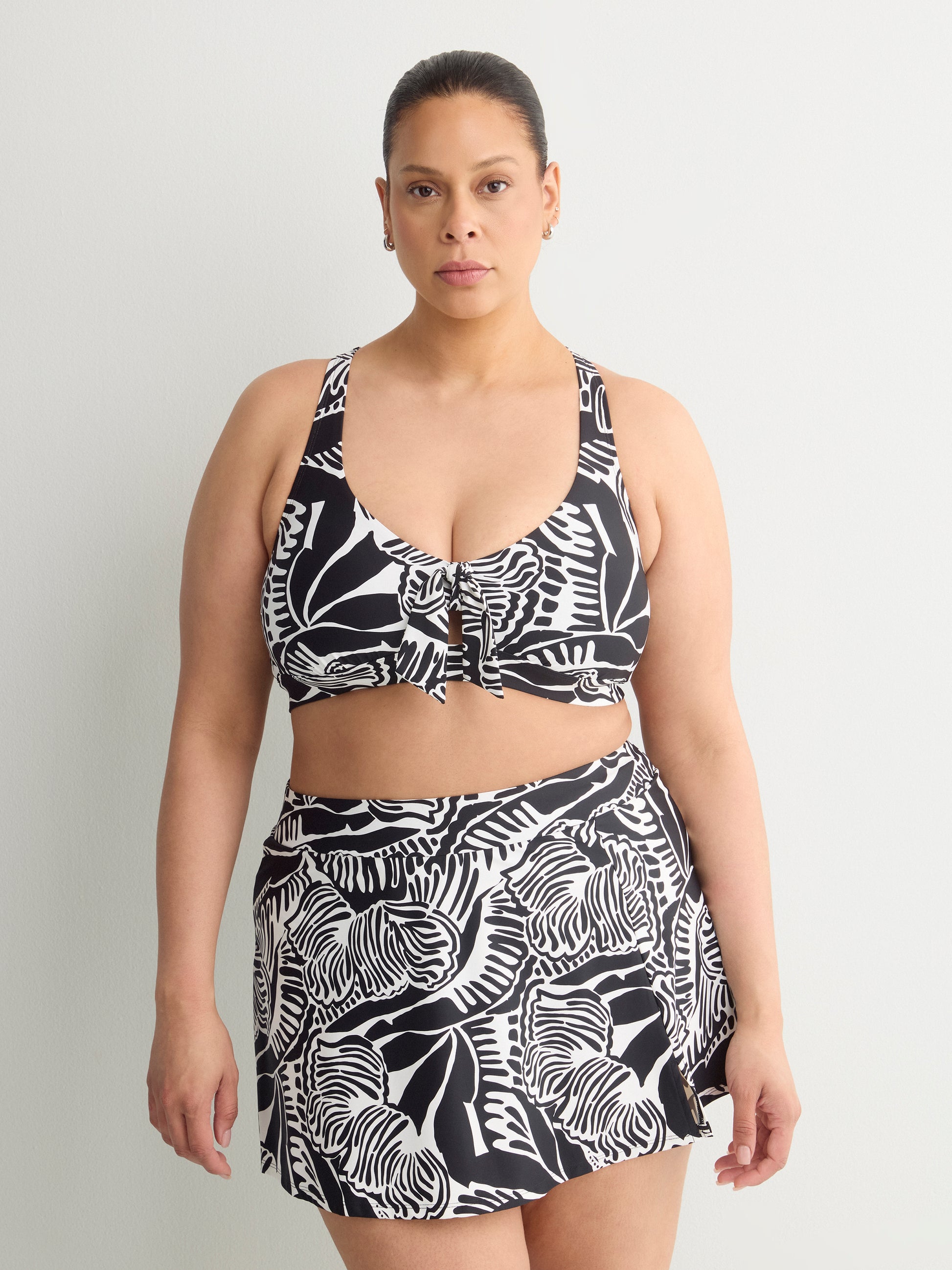Black Foliage-Print Bikini Top With Front Knot