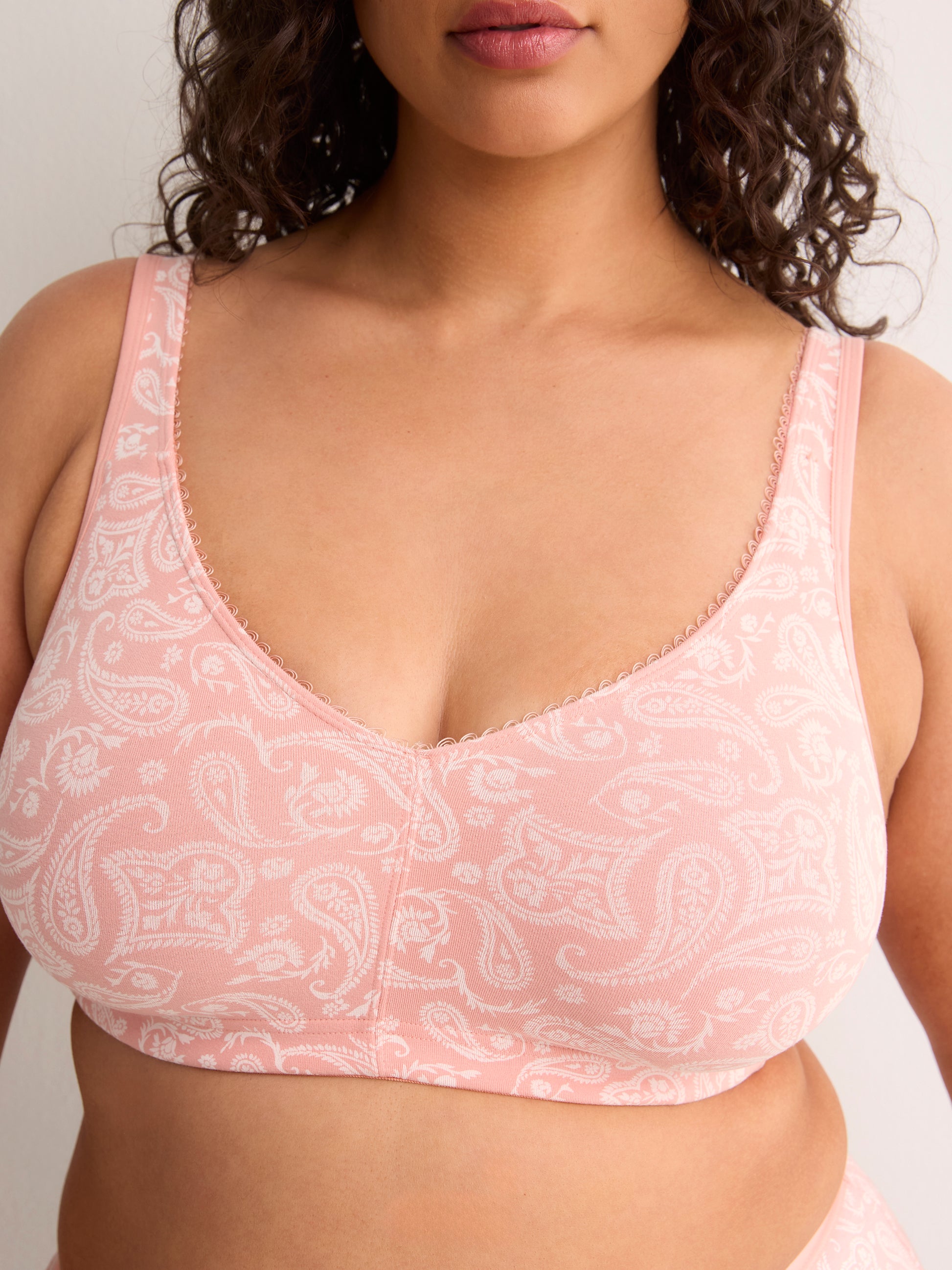 Wireless Pink Paisley-Print Cotton Bra with Picot Trim - tiVOGLIO