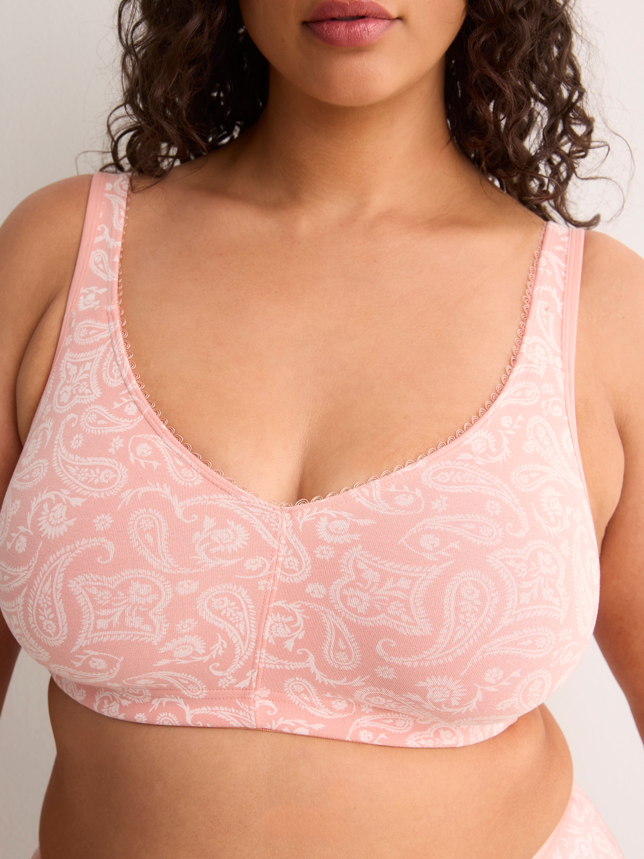 Wireless Pink Paisley-Print Cotton Bra with Picot Trim - tiVOGLIO
