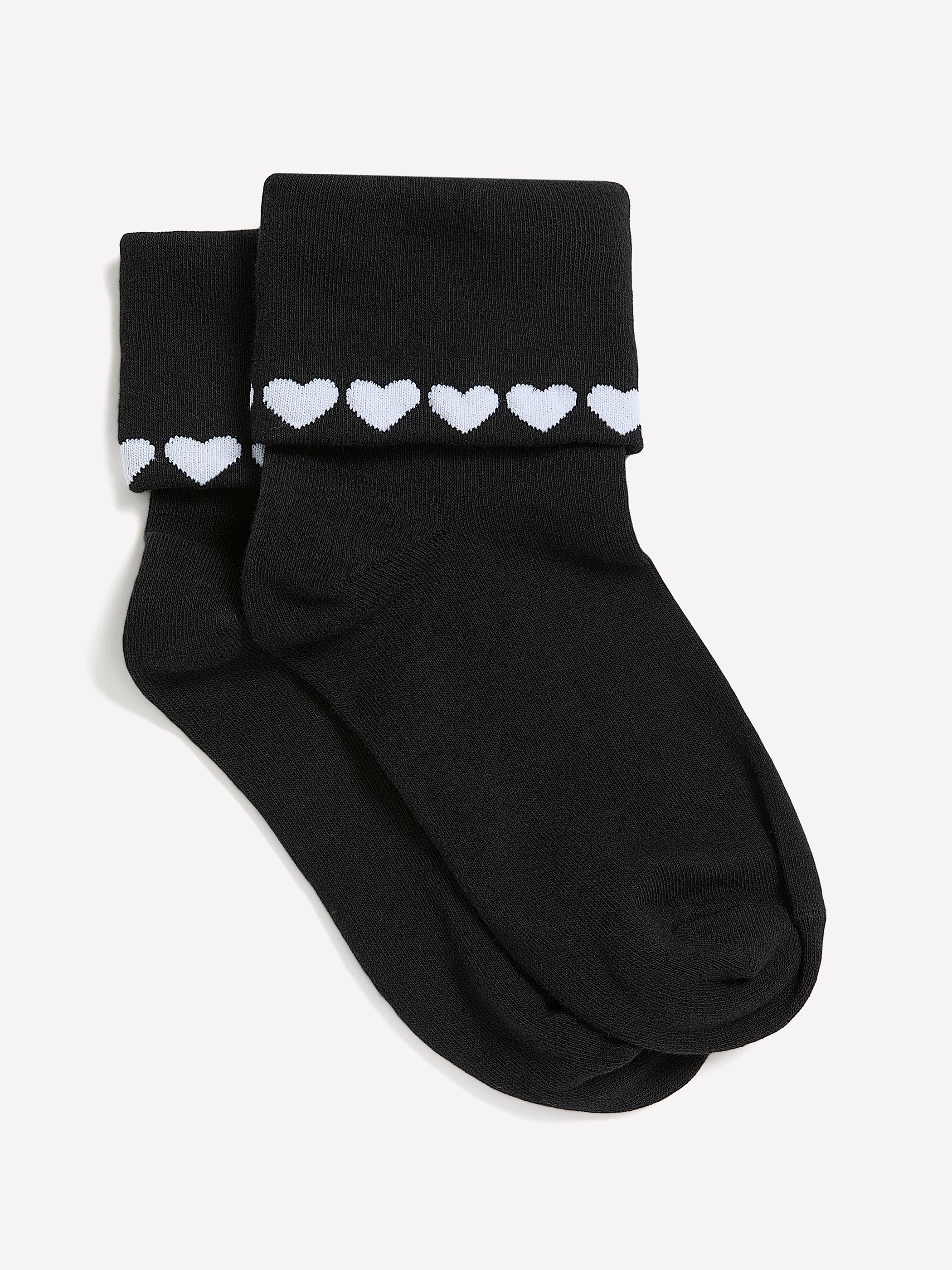 Black Fold-Over Ankle Socks with Heart Print