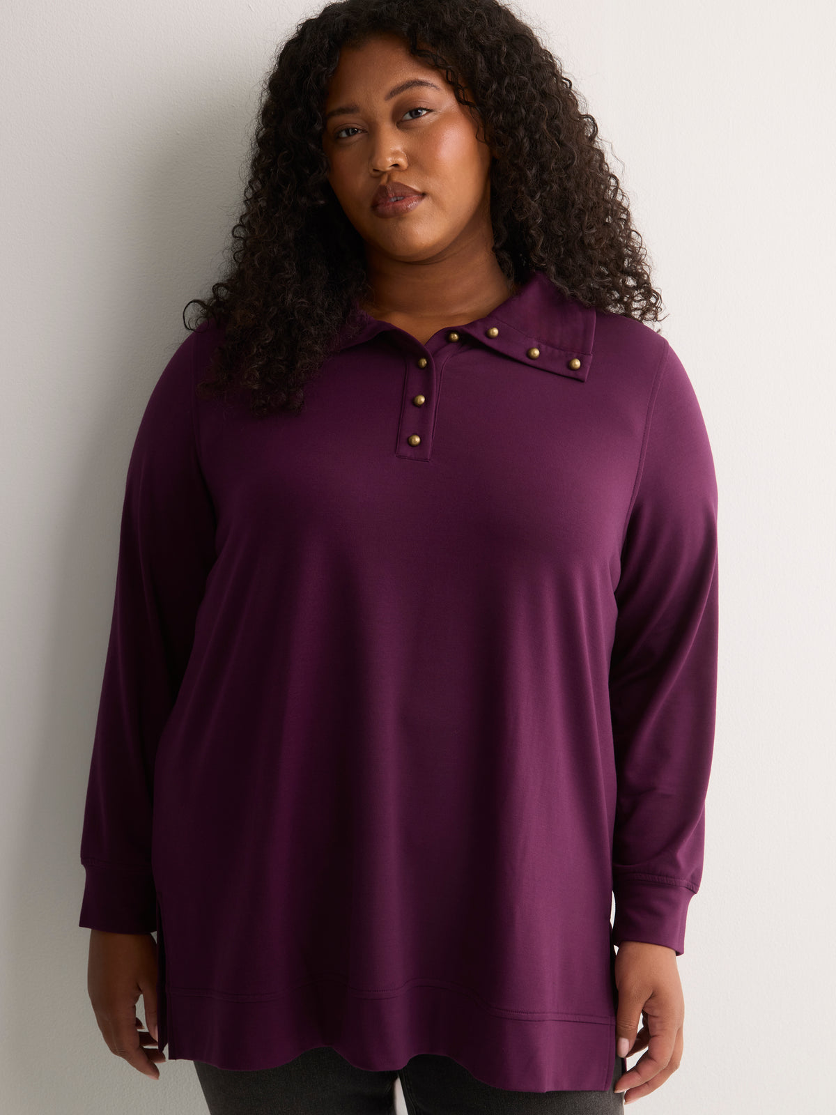 Loose French Terry Tunic Top with Buttoned Johnny Collar