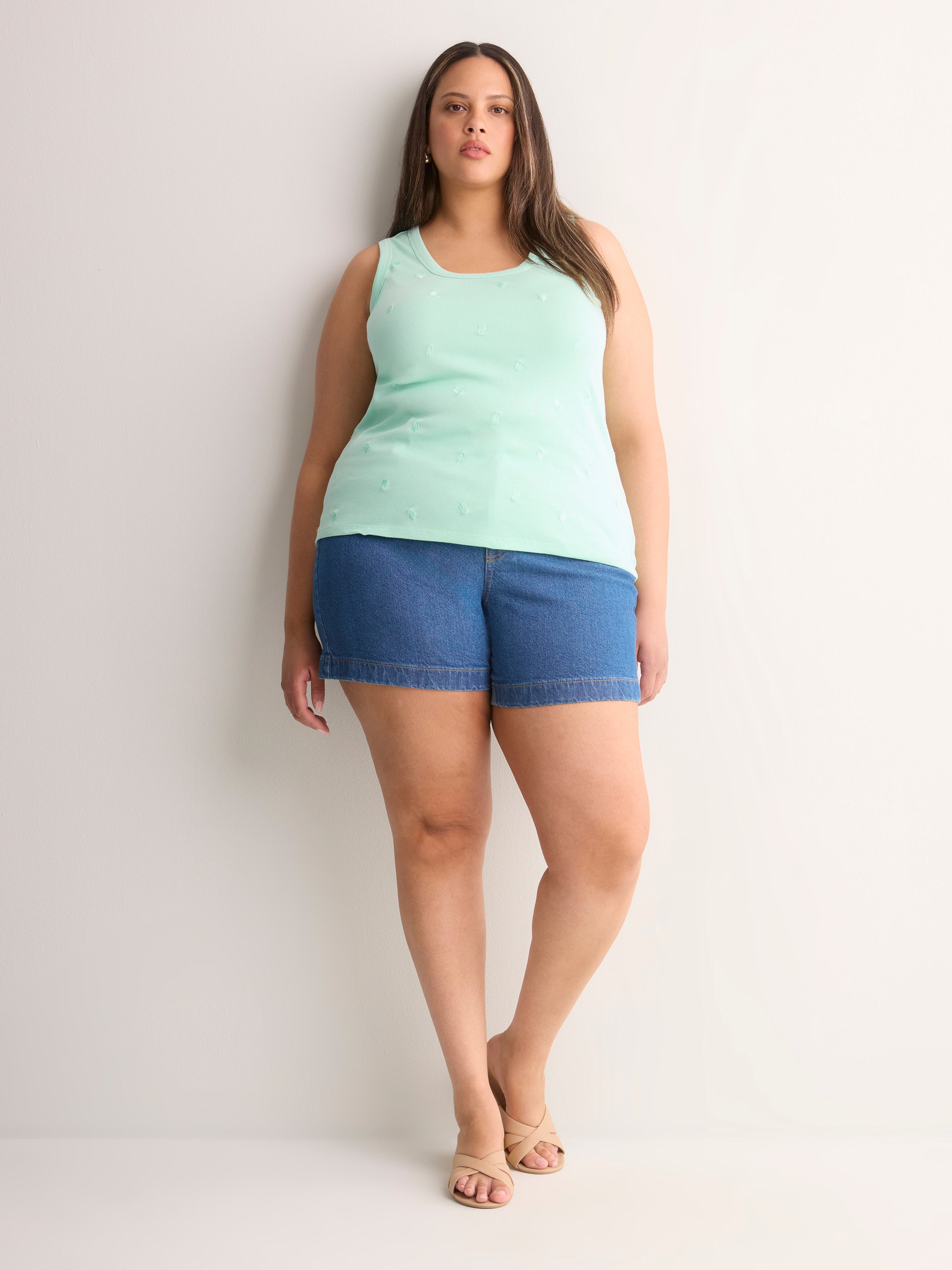 Scoop-Neck Embroidered Ribbed Knit Fitted Tank Top
