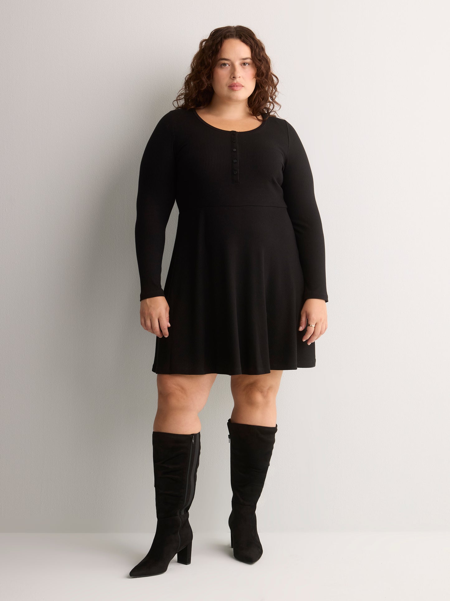 Ribbed Fit-and-Flare Crew-Neck Short Dress