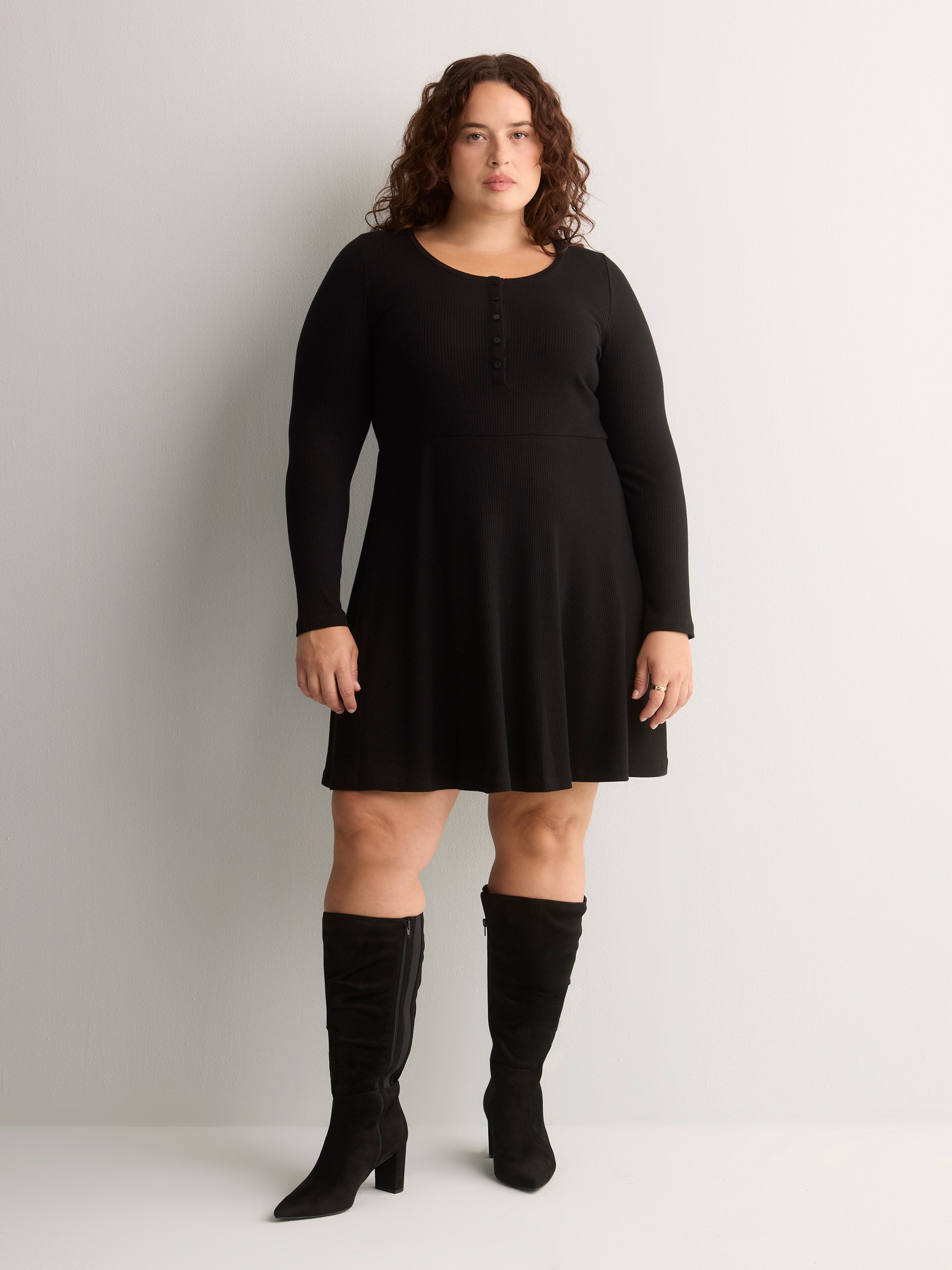 Ribbed Fit-and-Flare Crew-Neck Short Dress
