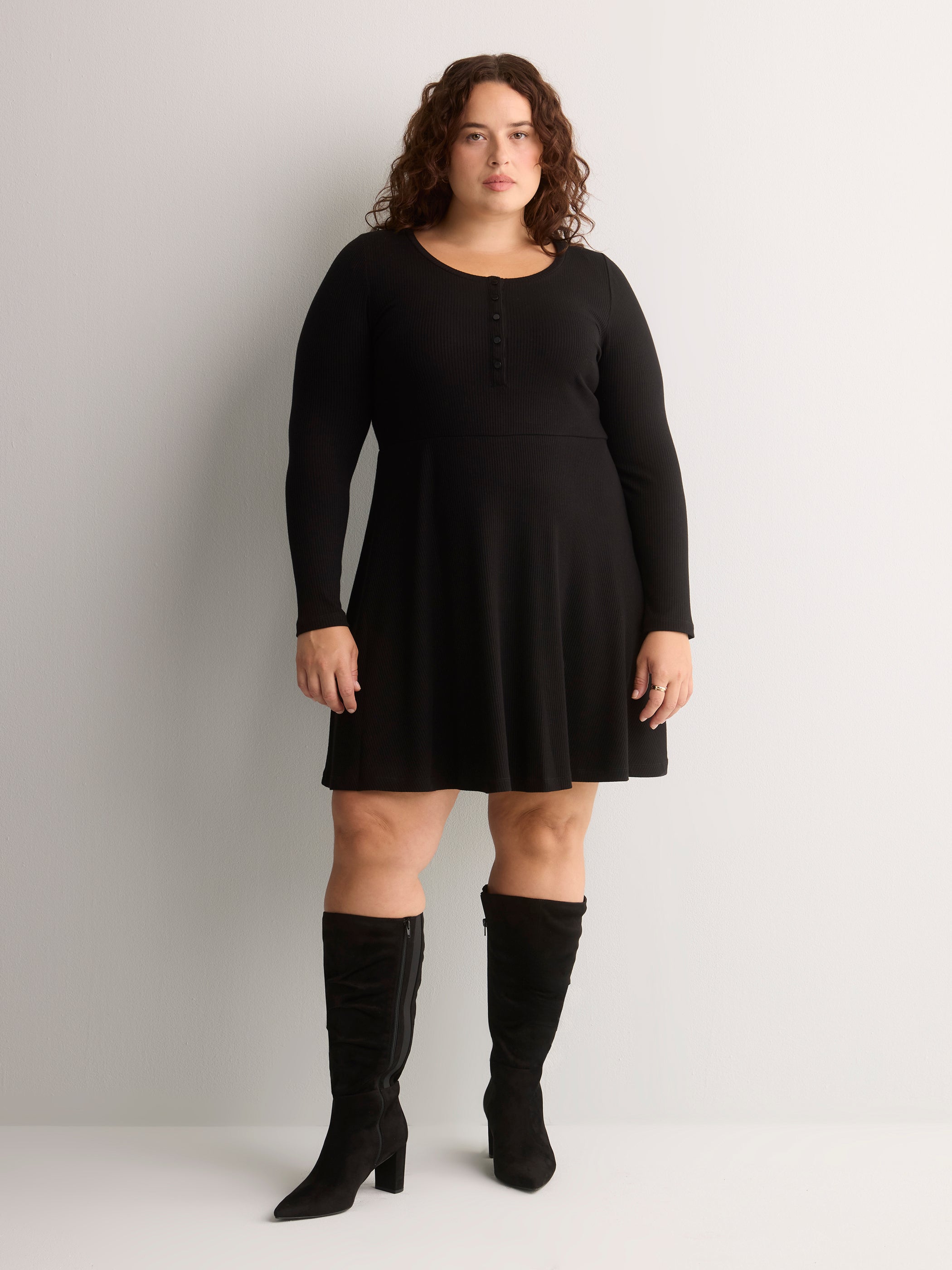 Ribbed Fit-and-Flare Crew-Neck Short Dress