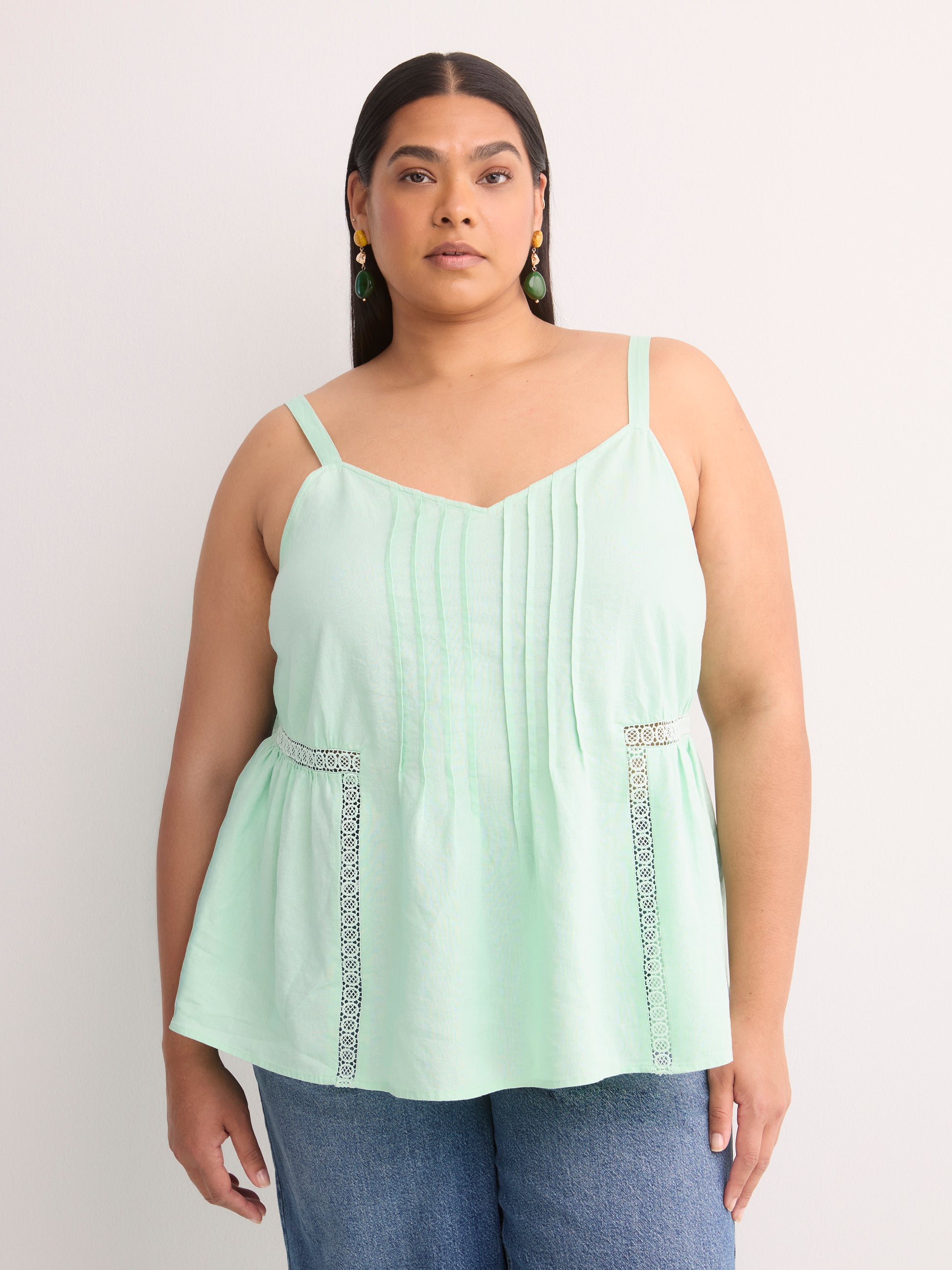 Linen Blend Swing Cami Blouse with Pintuck Detail