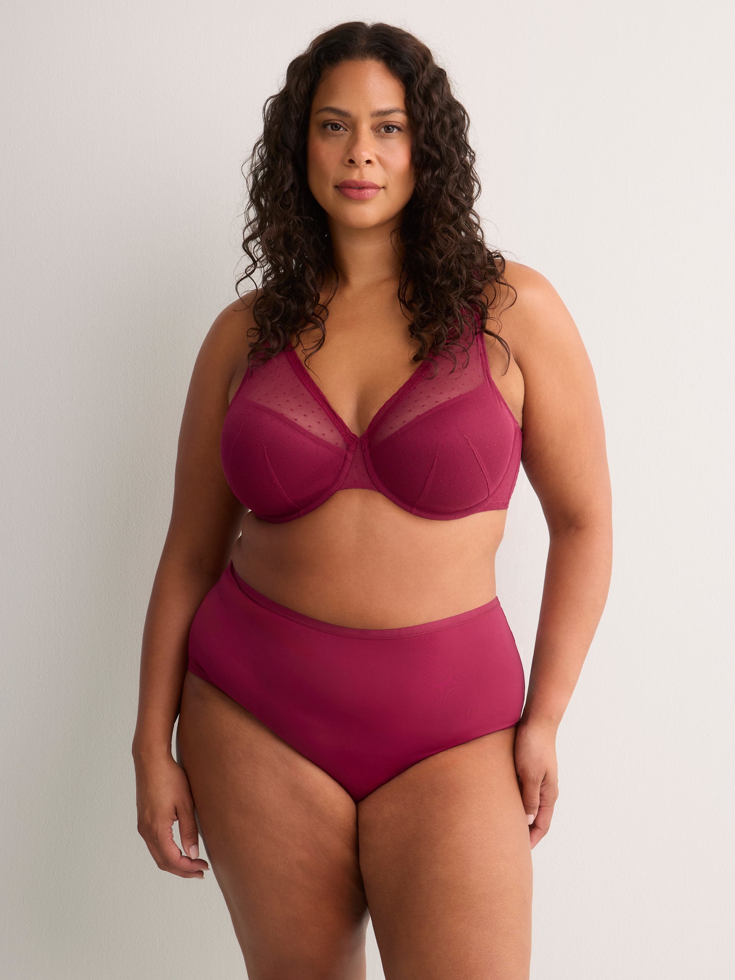 Red Underwire Clip Dot Mesh Balconette Bra with Lace - Déesse