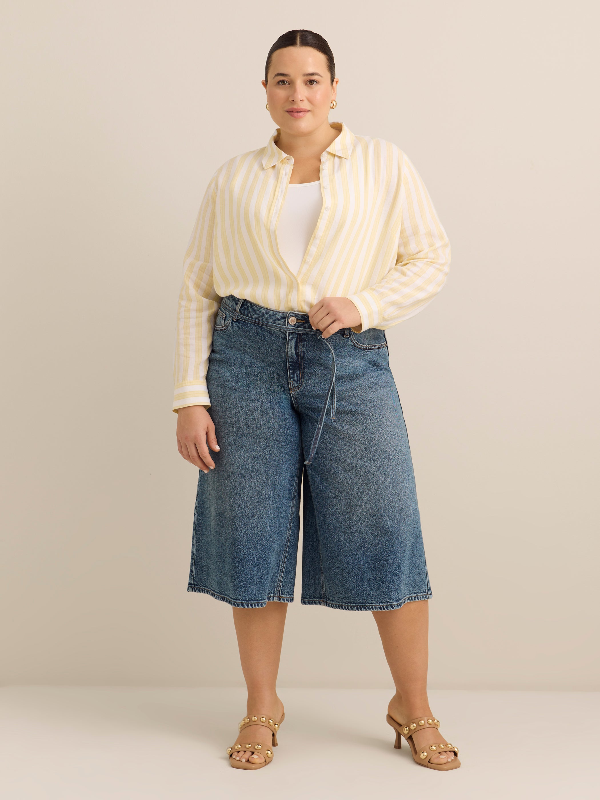 Striped Linen Blend Buttoned Down Tunic Shirt