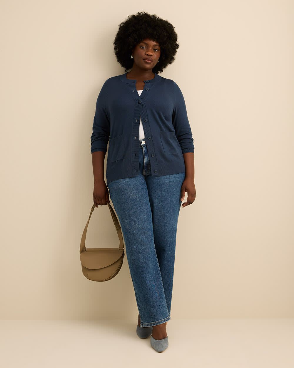 Cardigan boutonné à col rond en mélange de coton, tissu responsable