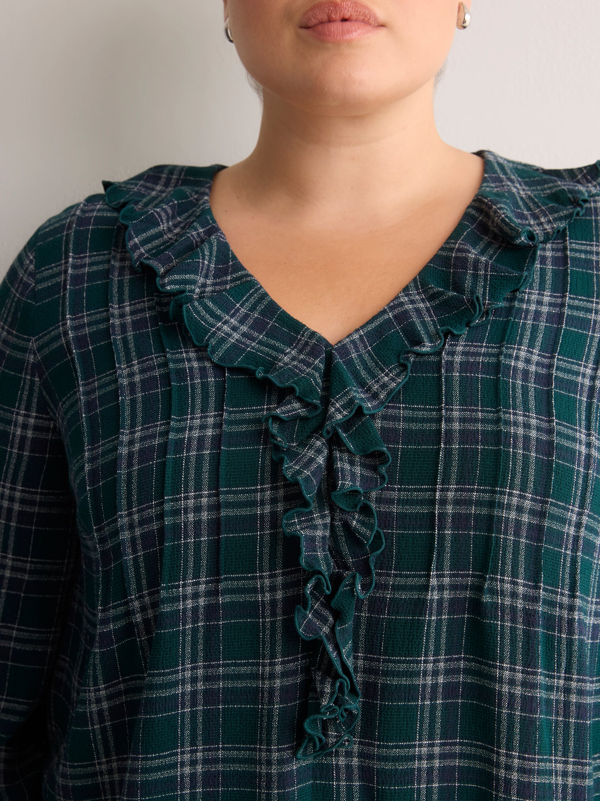 Plaid Ruffled V-Neck Pintuck Swing Blouse