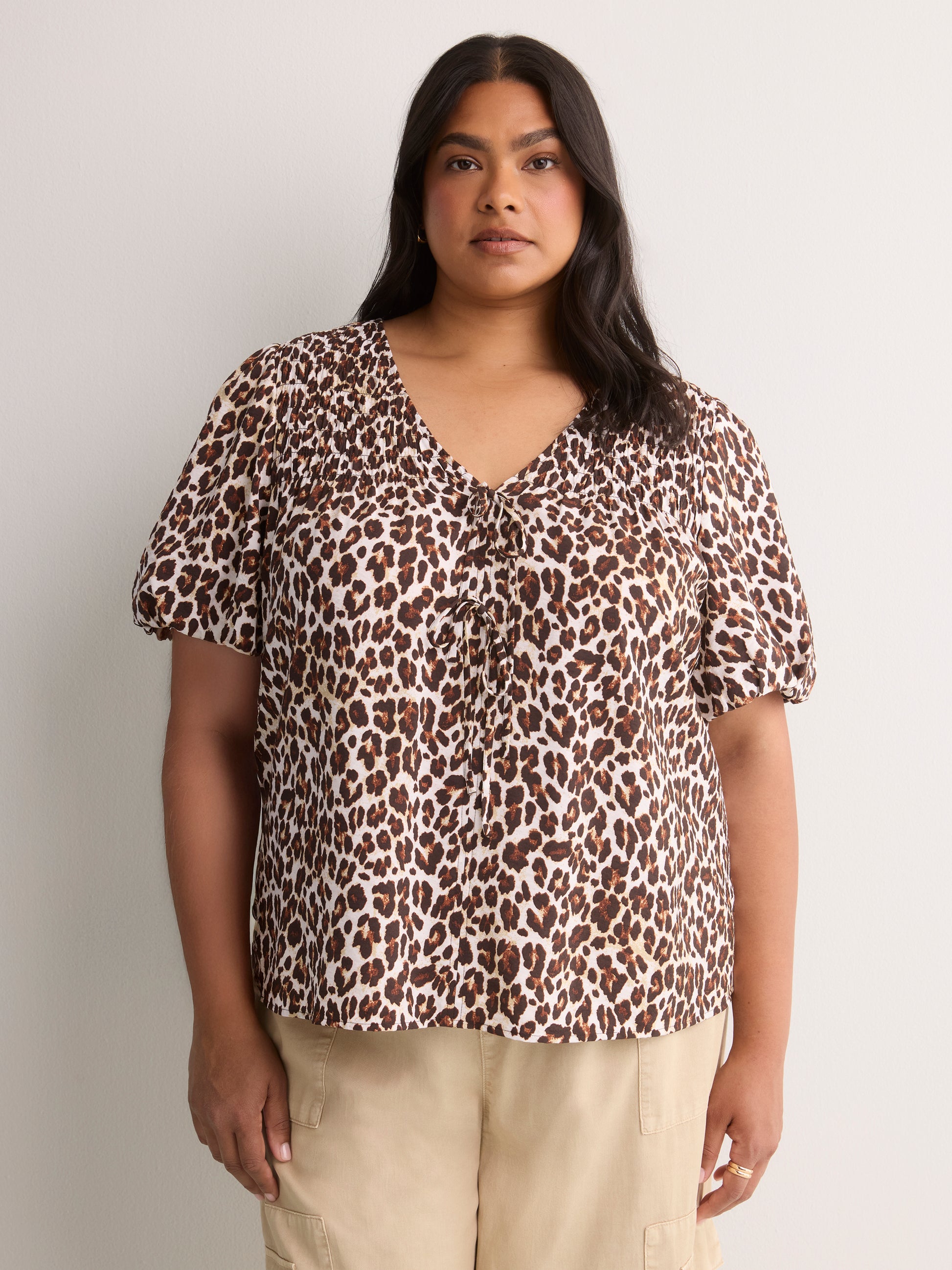 V-Neck Bubble-Sleeve Blouse with Smocked Yoke