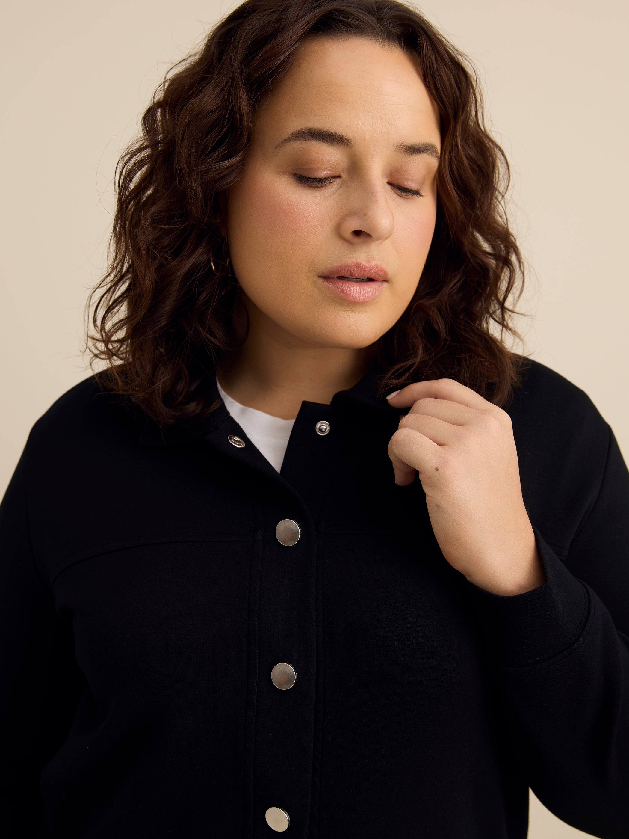 Neoprene Bomber Knit Top with Shirt Collar