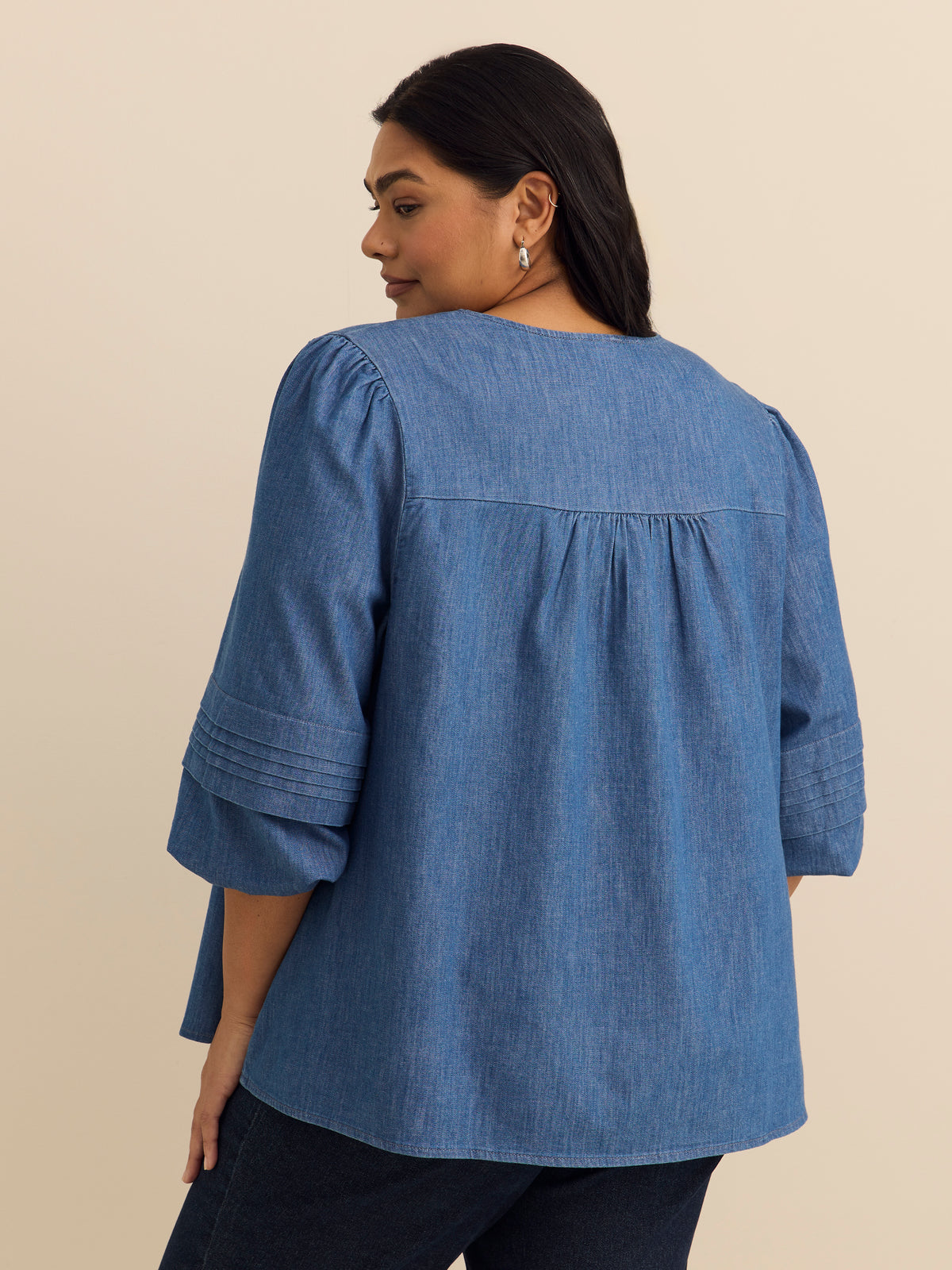 Denim Blouse with Balloon Sleeves