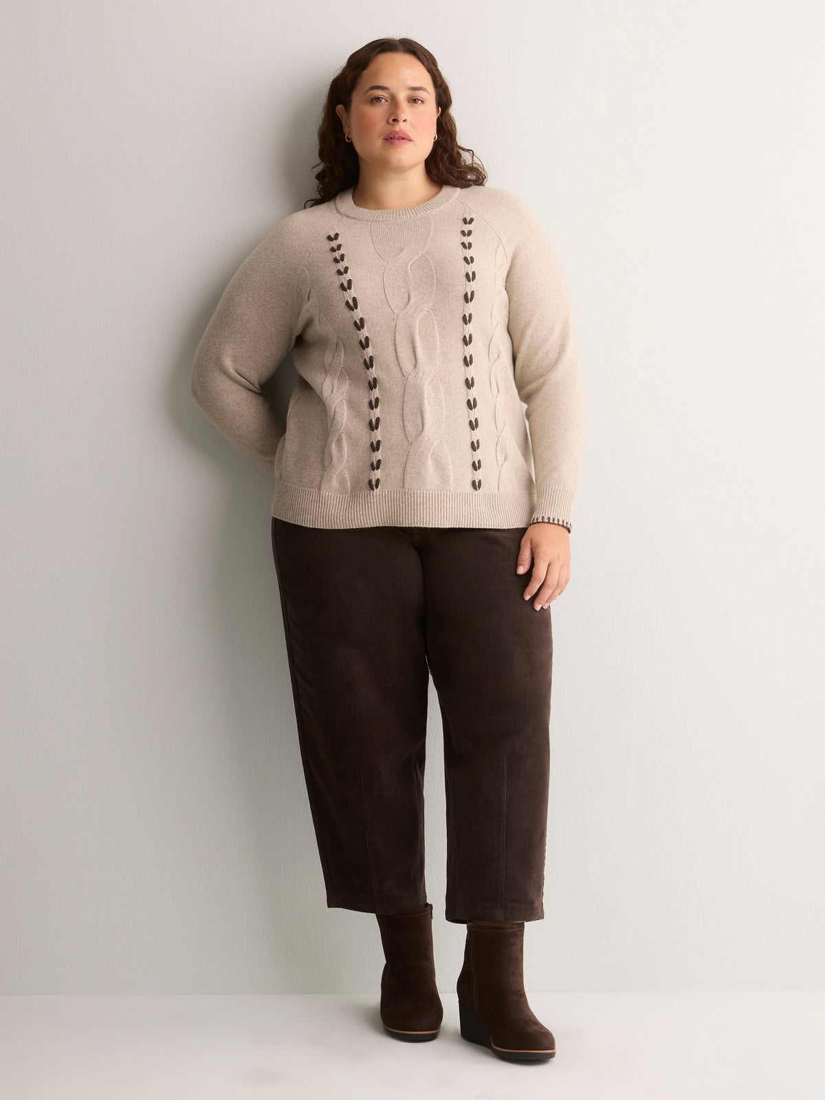 Beige Cable Knit Crew-Neck Sweater