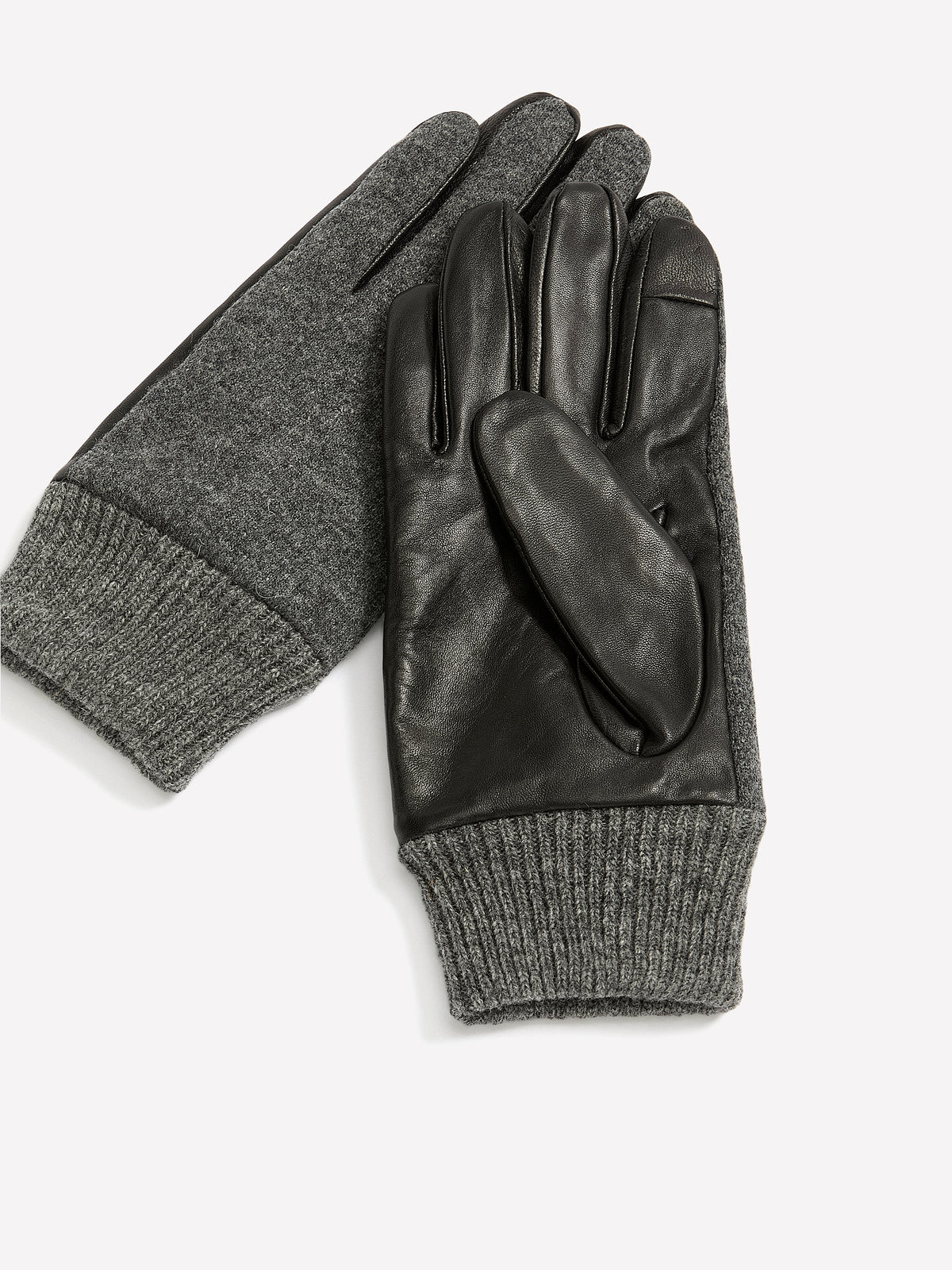 Black and Grey Leather and Knit Gloves with Ribbed Cuffs