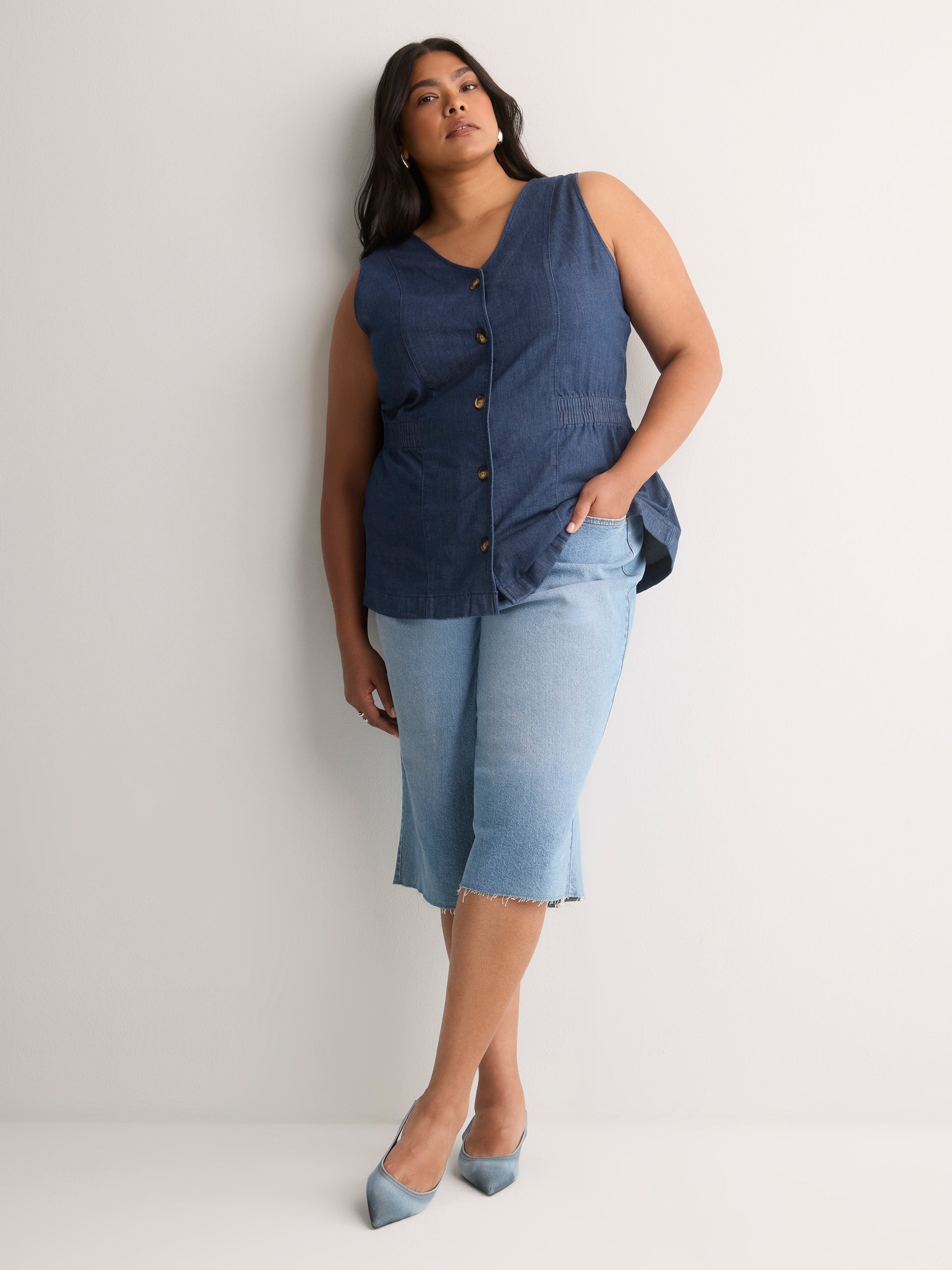Denim Fit and Flare Sleeveless V-Neck Vest Blouse