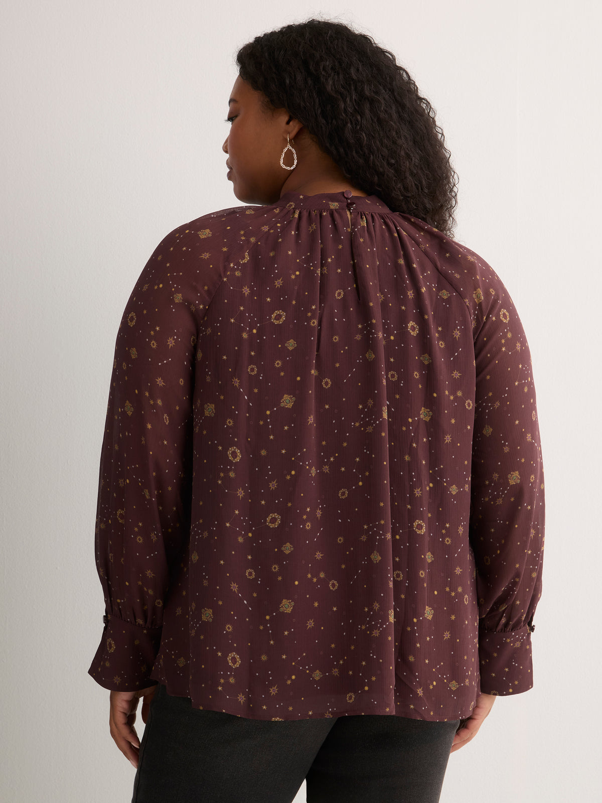 Chiffon Shirred Mock-Neck A-Line Blouse