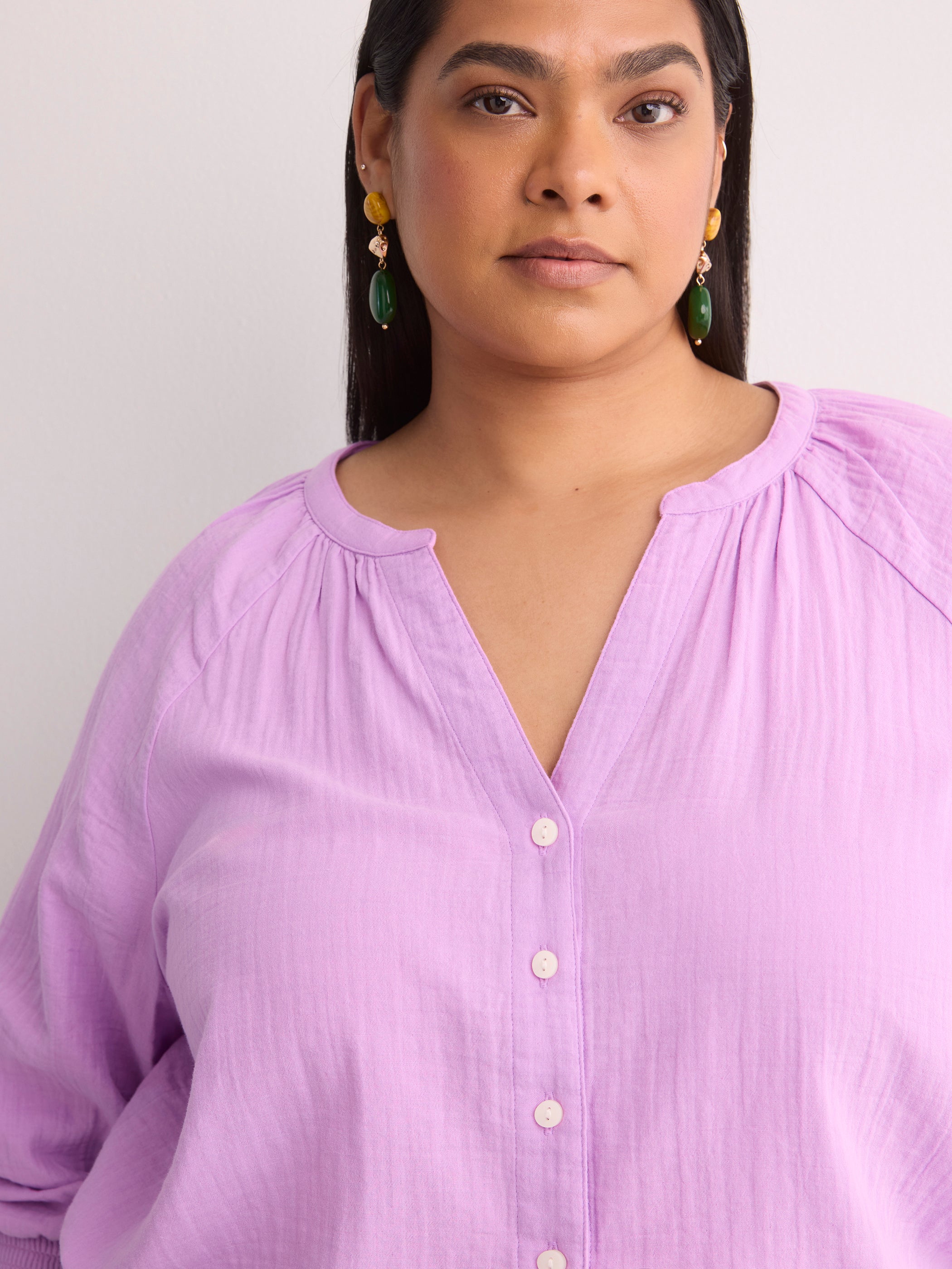 Cotton A-Line Notch-Neckline Blouse