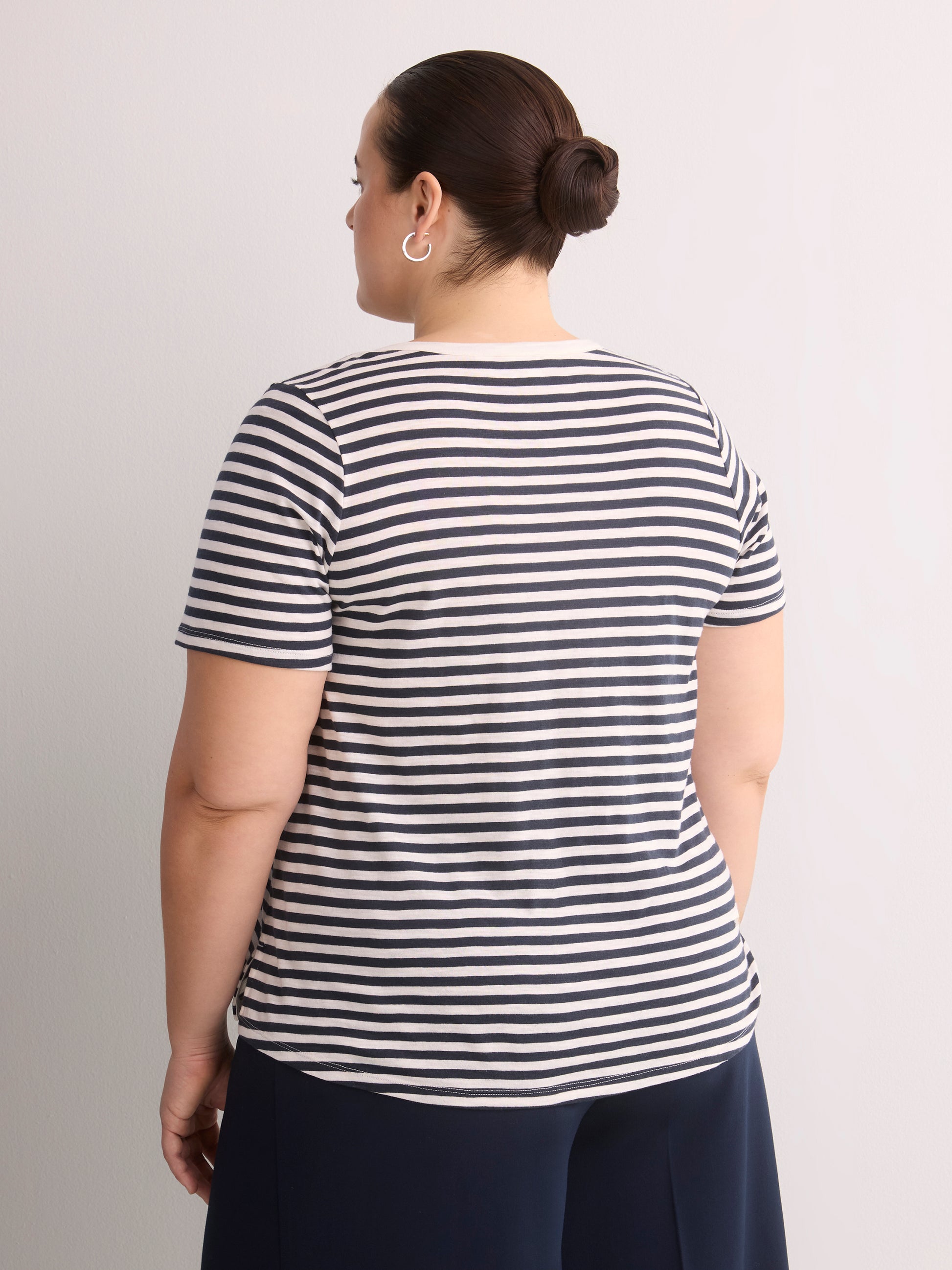 Short-Sleeve V-Neck Henley Shirt with Stripes