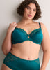 Green Satin Padded Underwire Balconette Bra with Lace - Déesse Collection