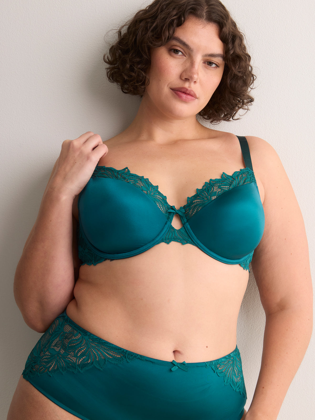 Green Satin Padded Underwire Balconette Bra with Lace - Déesse Collection