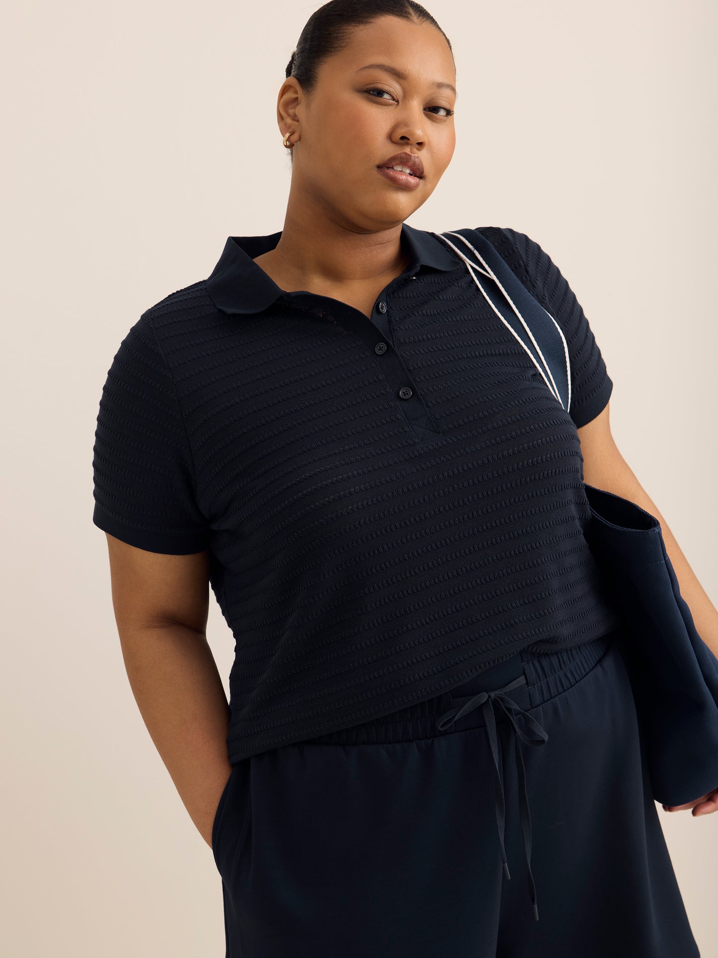 Short-Sleeve Crochet Knit Polo - Active Zone