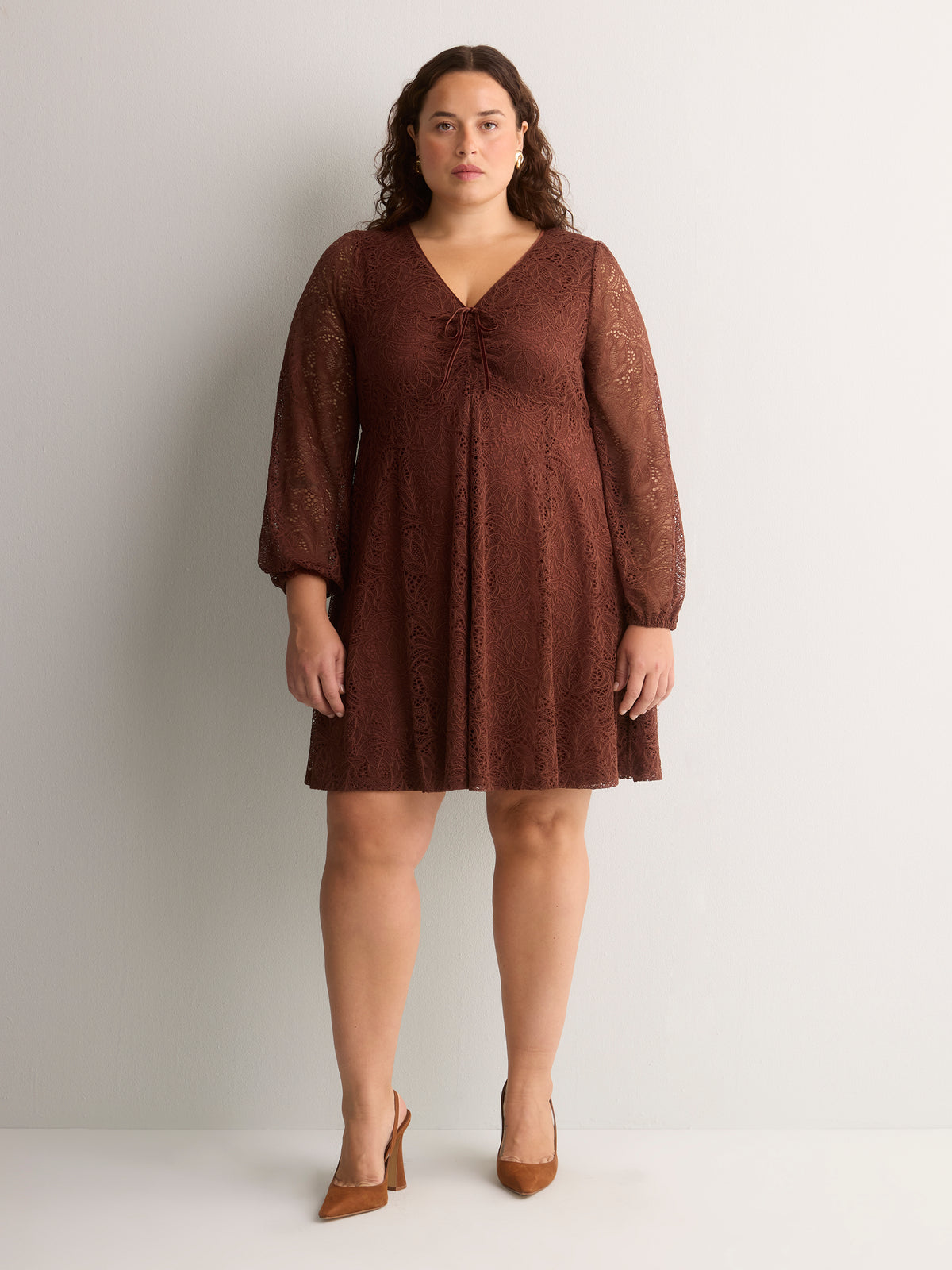Fit-and-Flare Shirred V-Neck Lace Dress
