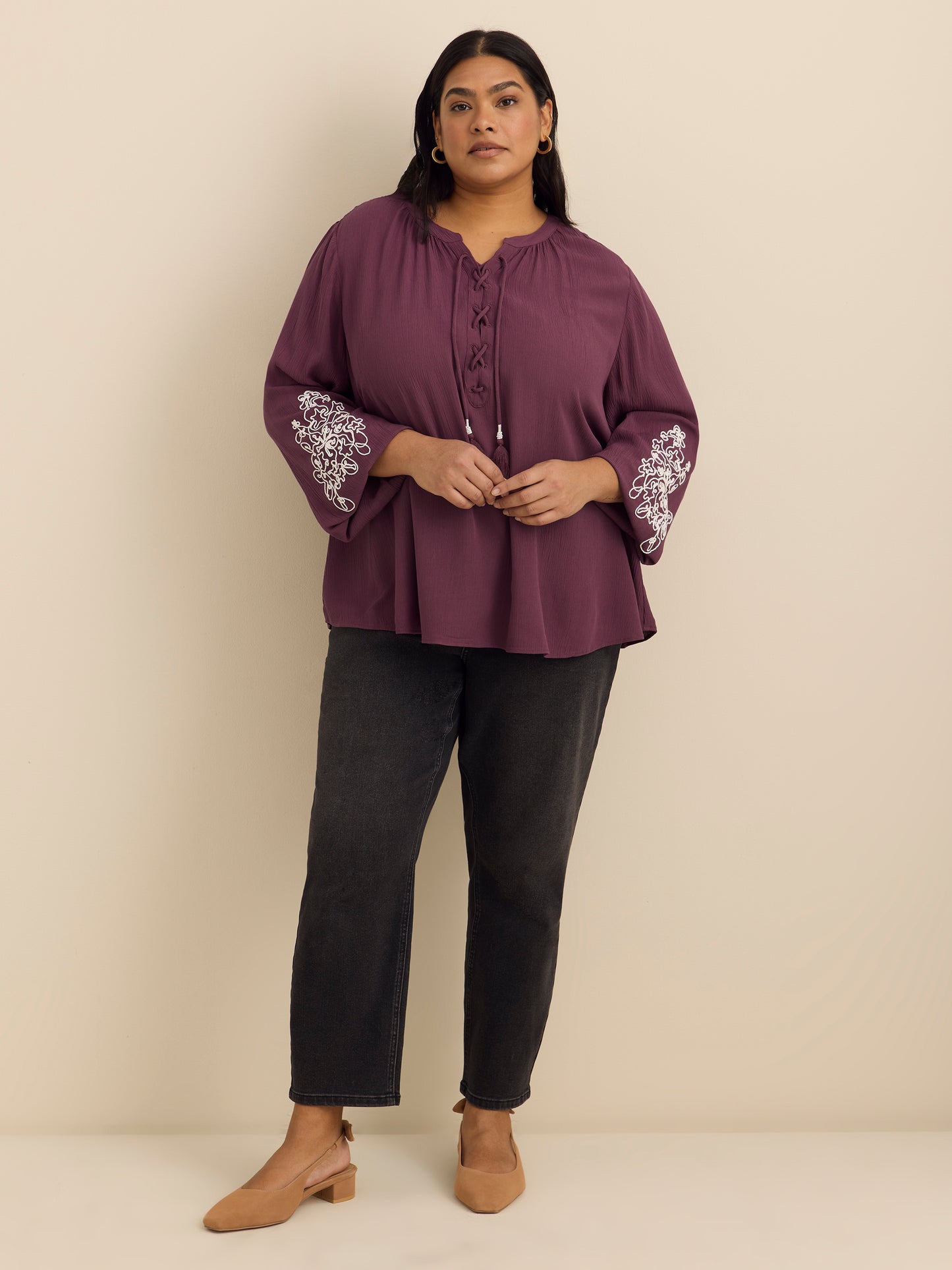 Boho Embroidered Long-Sleeve Swing Blouse