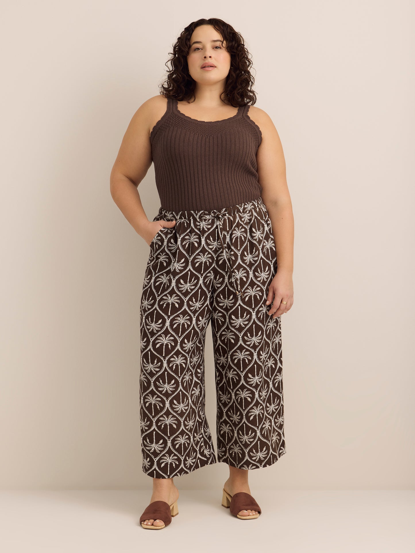 Linen-Blend Wide-Leg Crop Pant with Drawstring at Waistband