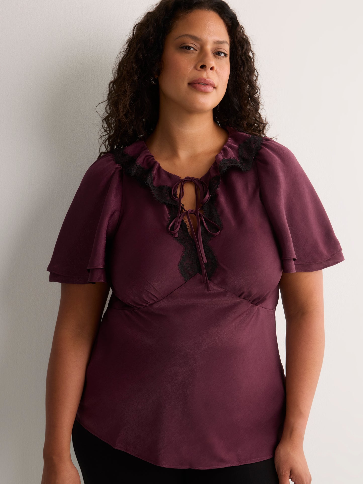 Drawcord Crew-Neck Empire Satin Blouse with Lace