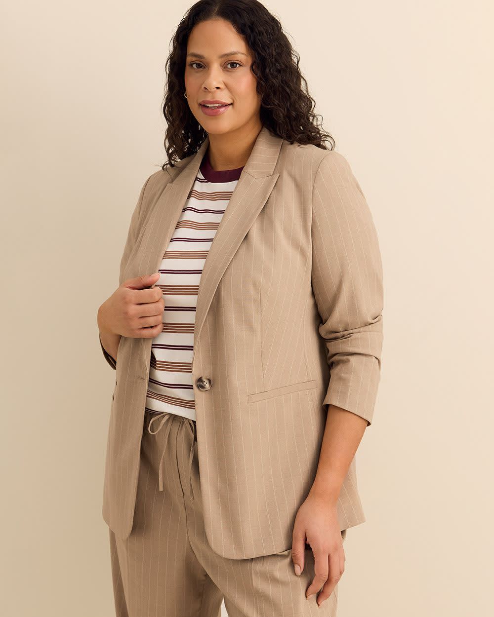 Beige Pinstripe Single-Breasted Blazer