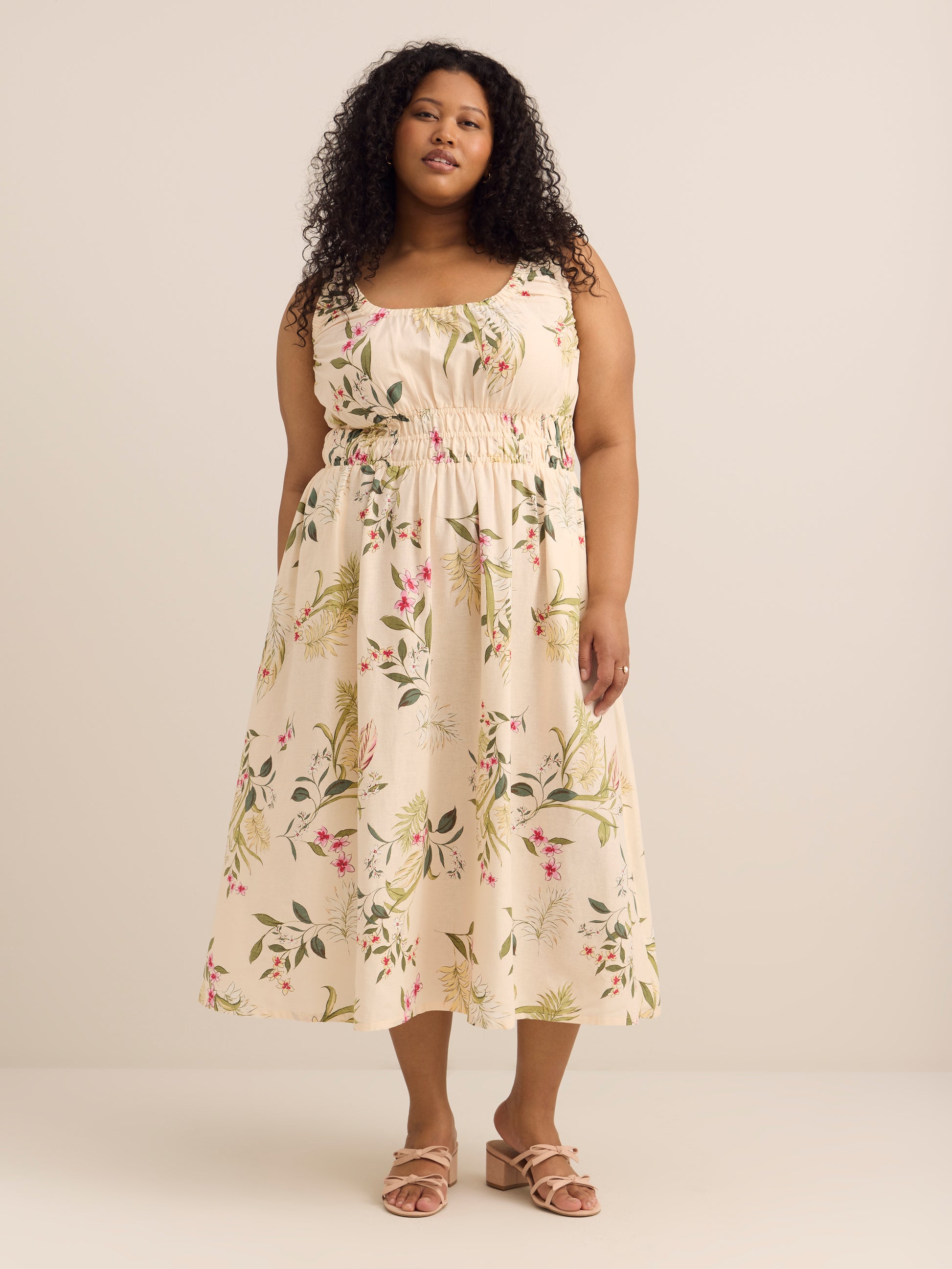 Tropical Linen-Blend Sleeveless Midi Dress with Elastic Waist