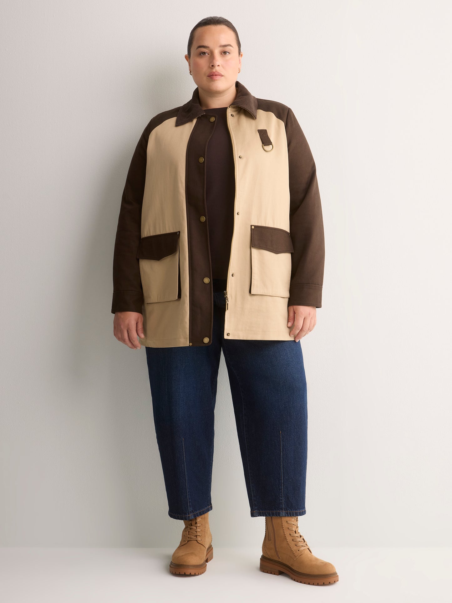 Long Two-Tone Barn Jacket with Corduroy Collar