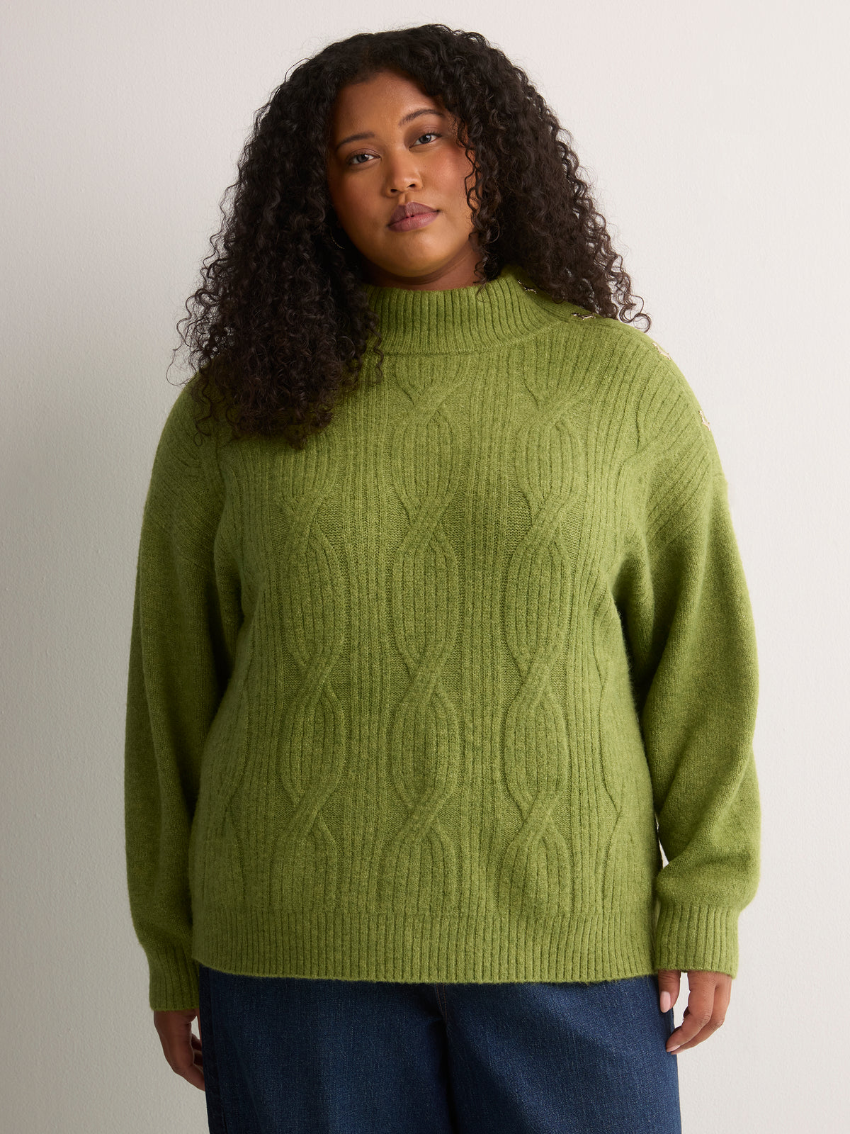 Green Loose-Fit Mock-Neck Cable Knit Sweater