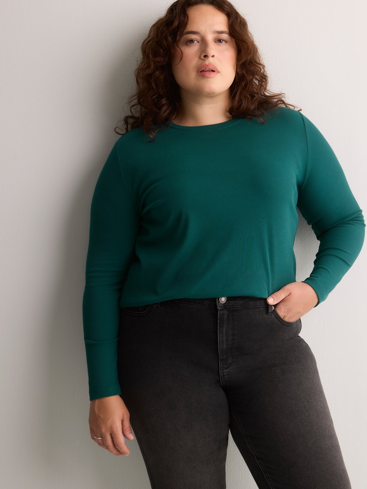 Dark Blue Boyfriend-Fit Long-Sleeve Rib Knit Tee