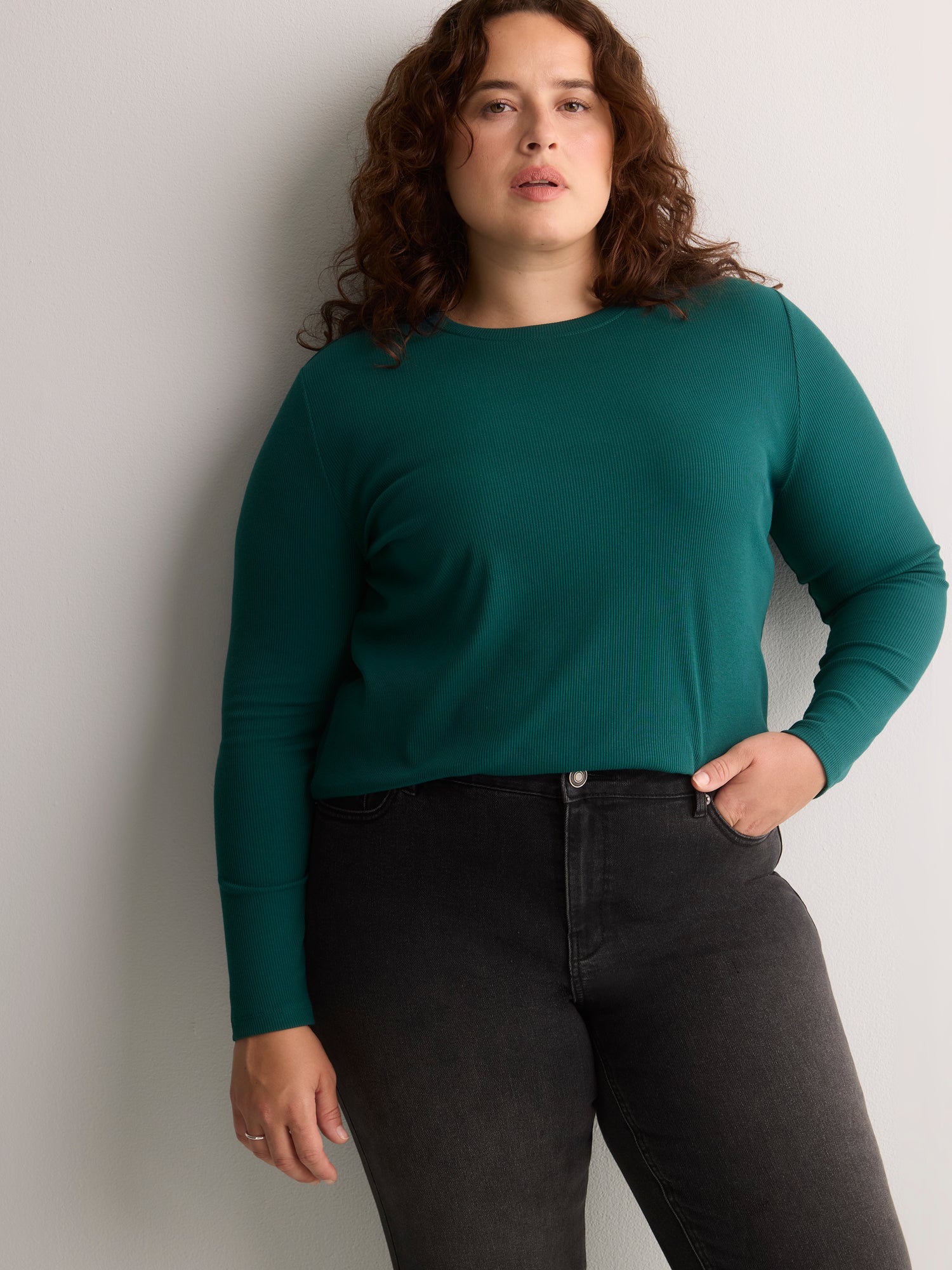 Dark Blue Boyfriend-Fit Long-Sleeve Rib Knit Tee