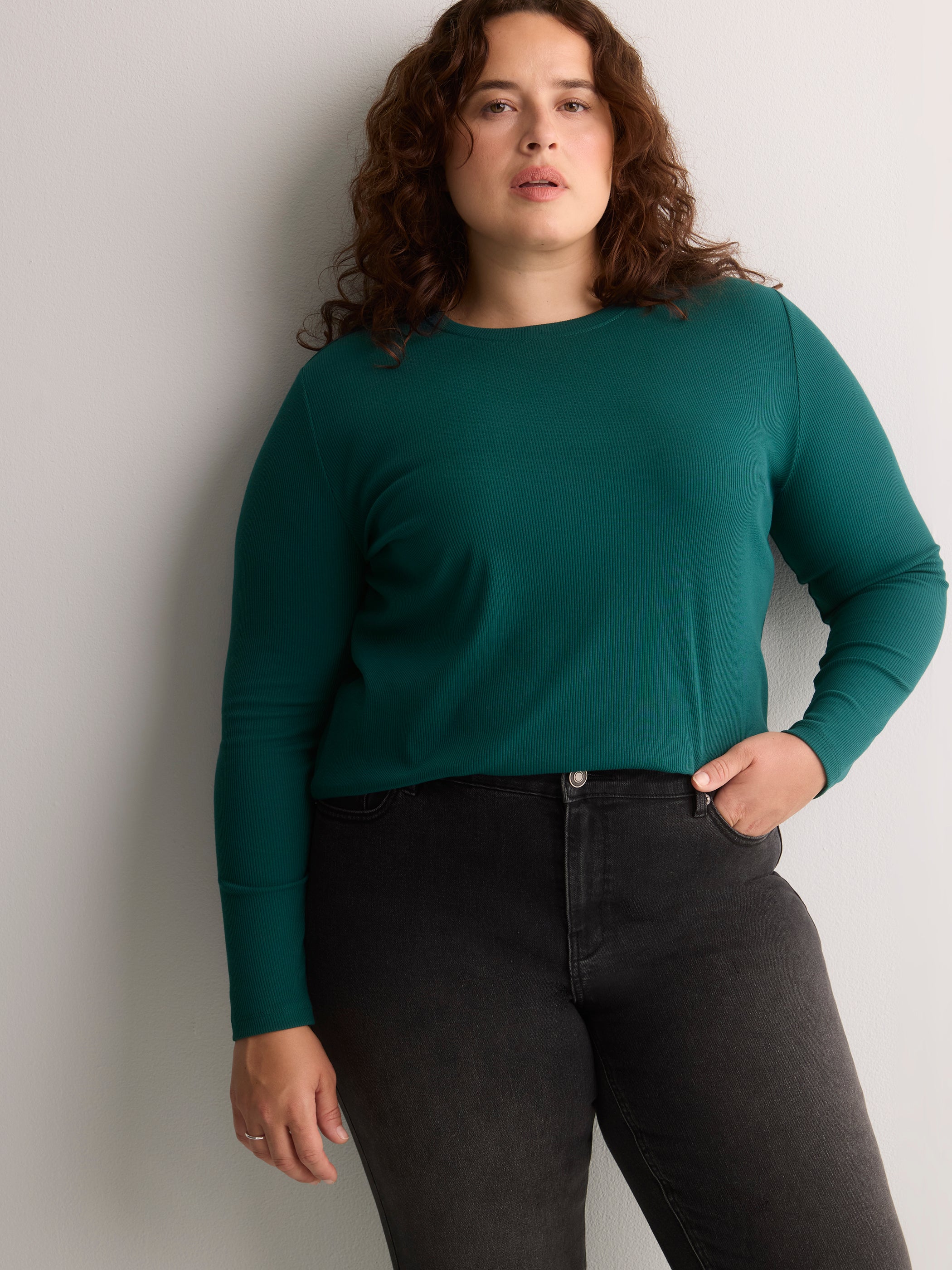 Dark Blue Boyfriend-Fit Long-Sleeve Rib Knit Tee