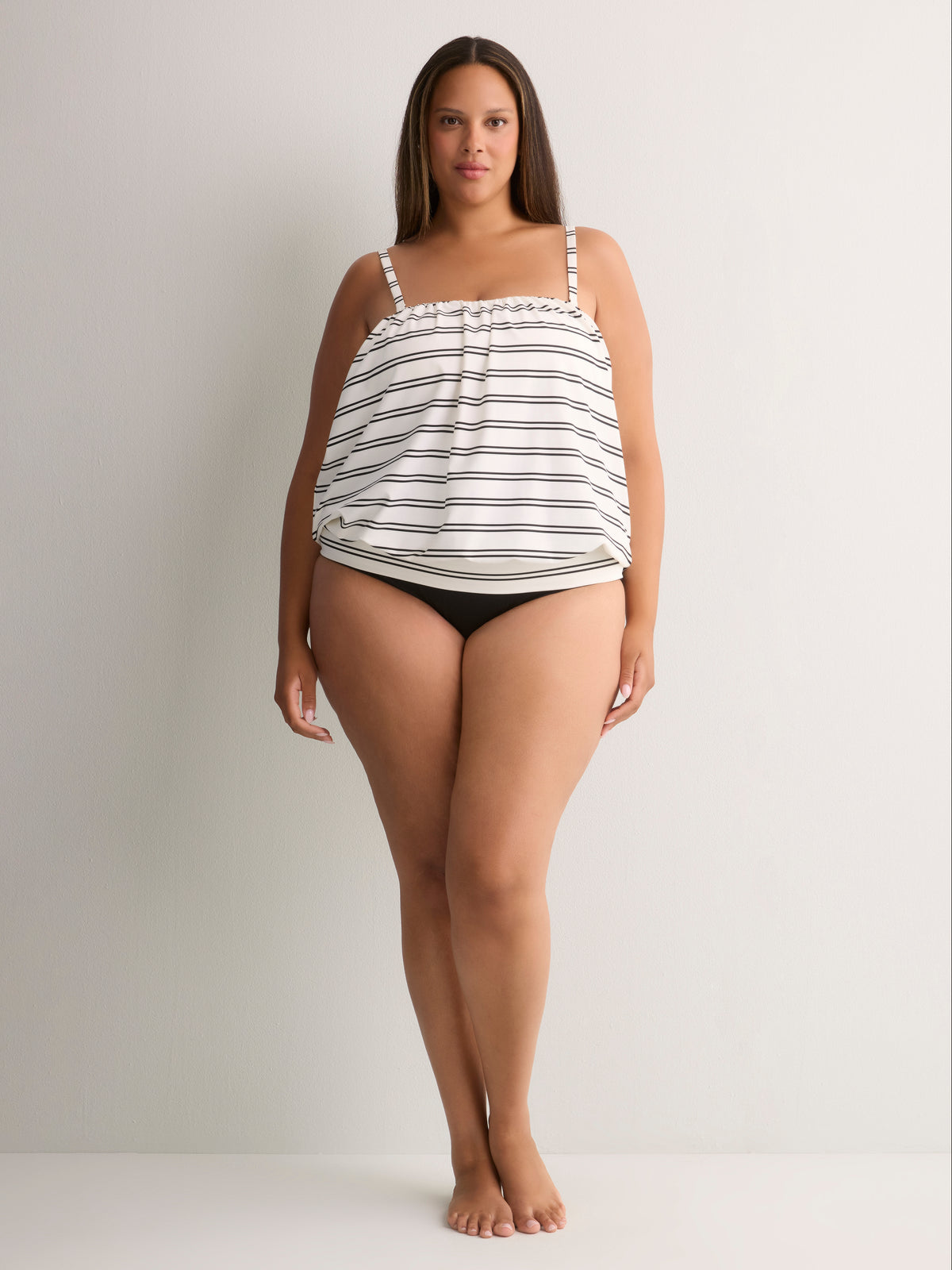 White Striped Blouson Tankini Top