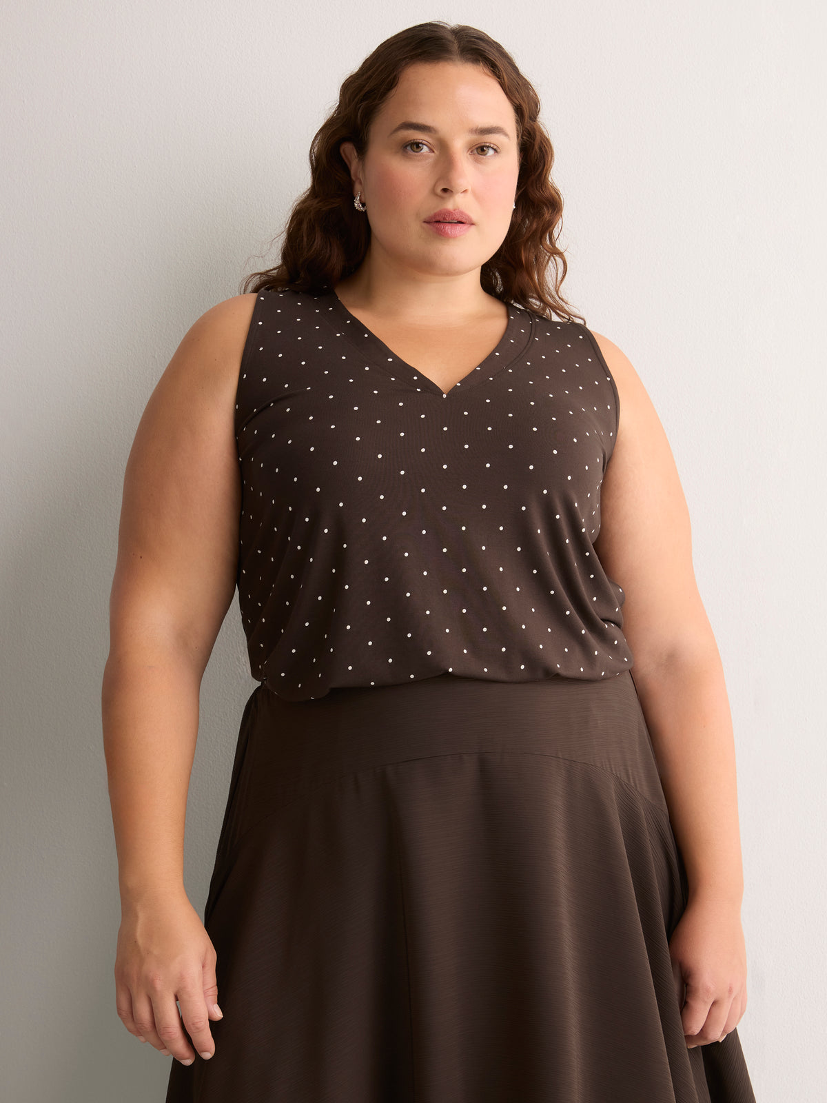 Responsible, Brown Dotted Sleeveless V-Neck Swing Top