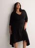 Black Fit and Flare V-Neck Shirred Knit Midi Dress - Addition Elle