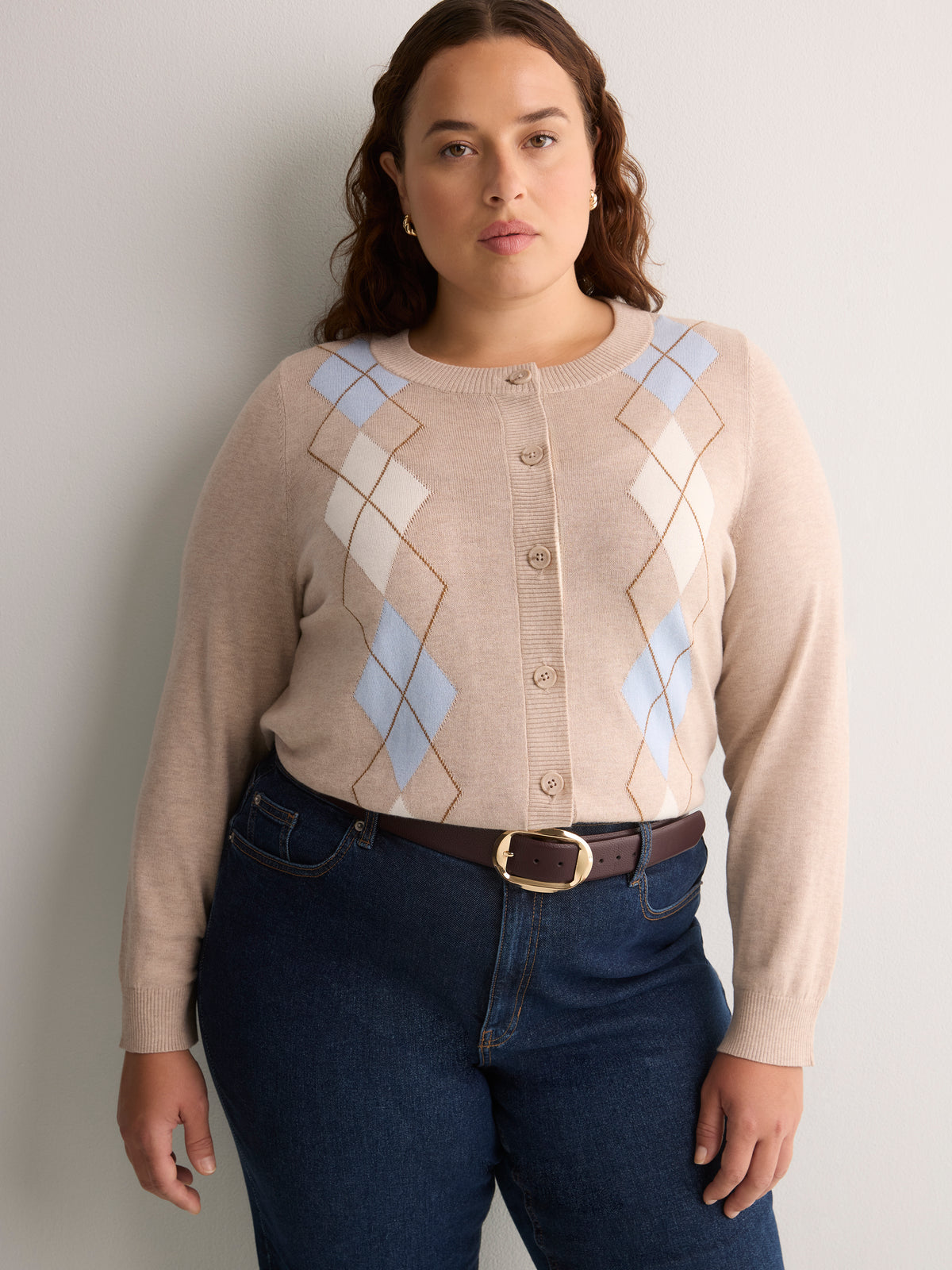 Responsible, Argyle Buttoned-Down Cotton Blend Crew Neck Cardigan