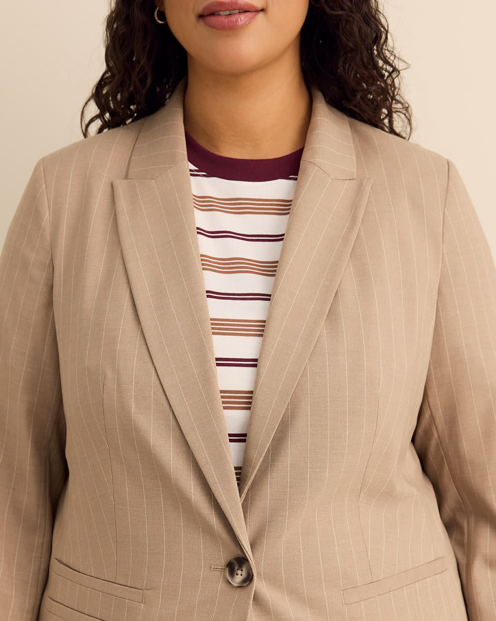 Beige Pinstripe Single-Breasted Blazer