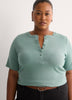 Straight Elbow-Sleeve Ribbed Knit Henley Top