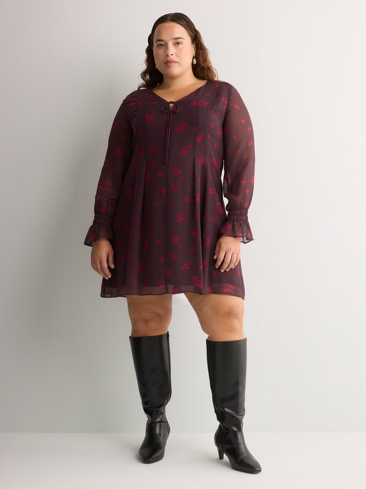 Floral Pleated Dress with Long Bell Sleeves - Addition Elle