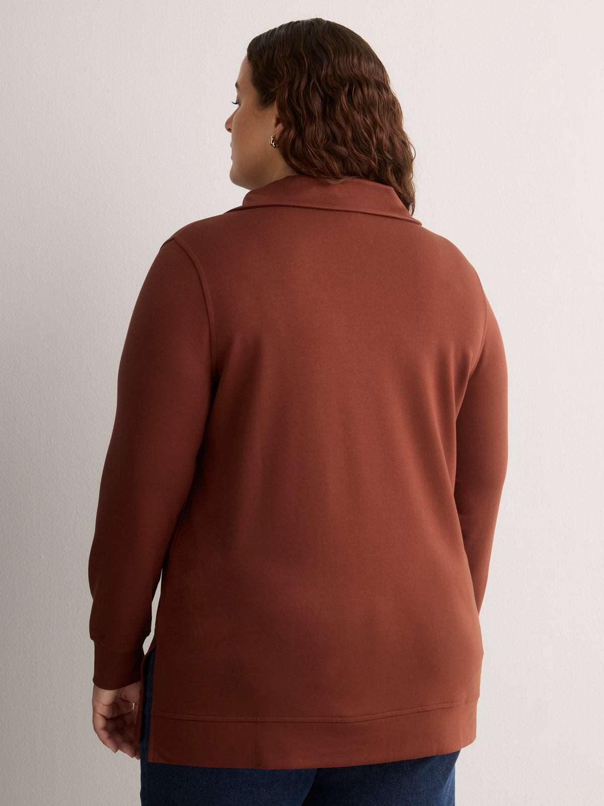 Loose French Terry Tunic Top with Buttoned Johnny Collar
