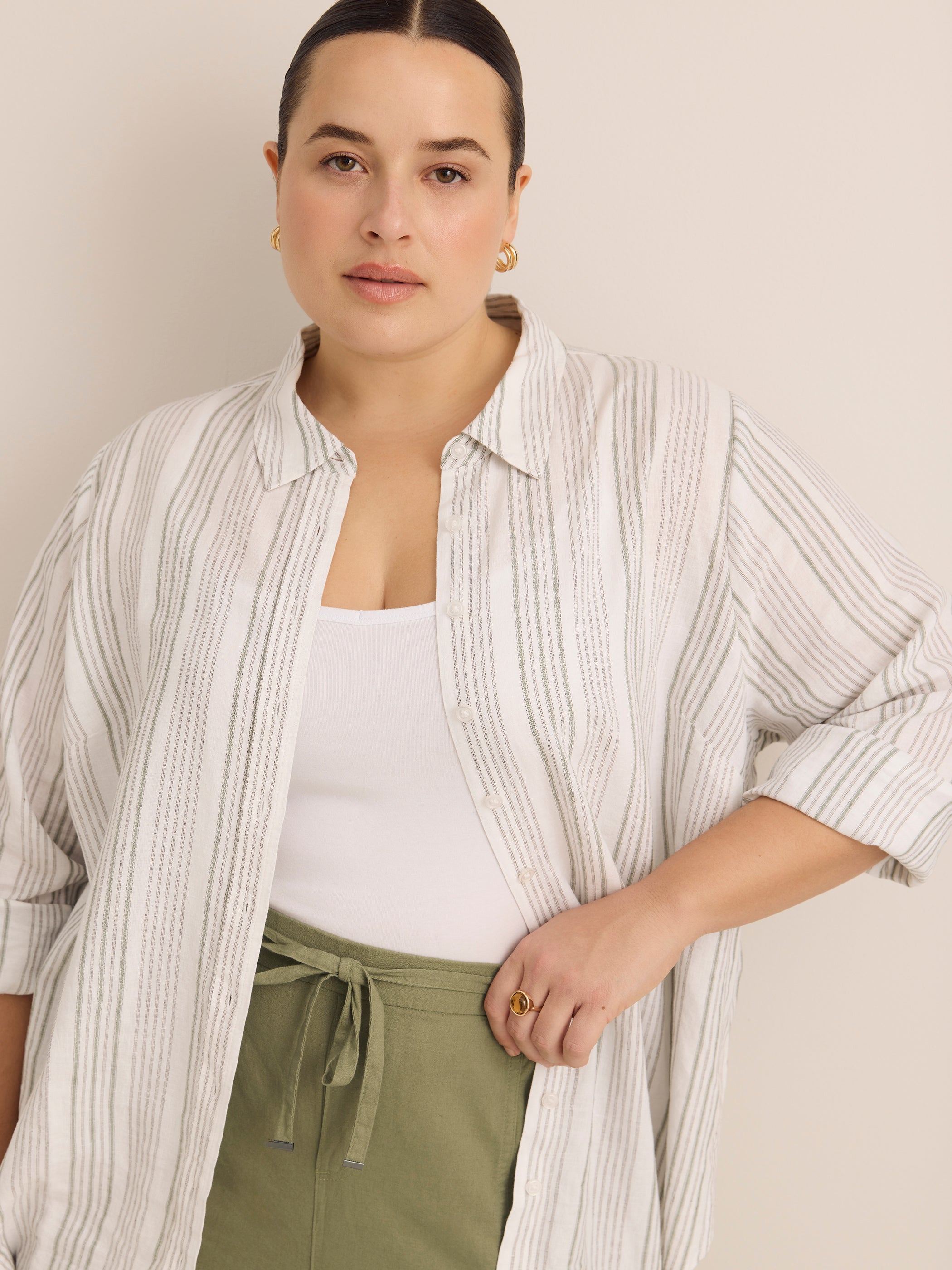 Striped Linen Blend Buttoned Down Tunic Shirt