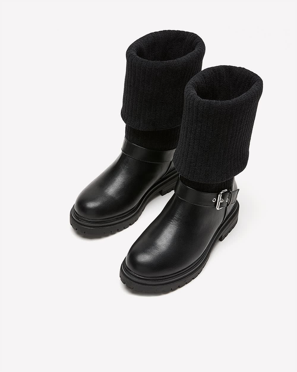 Extra Wide Width, Black Mid-Calf Chunky Boot with Knit Upper