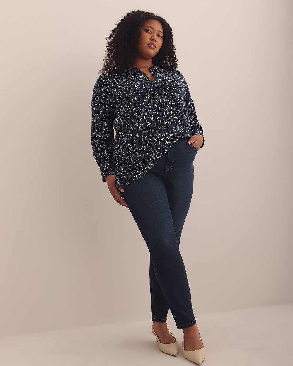 Long-Sleeve Tunic Blouse with Buttoned Crewneck