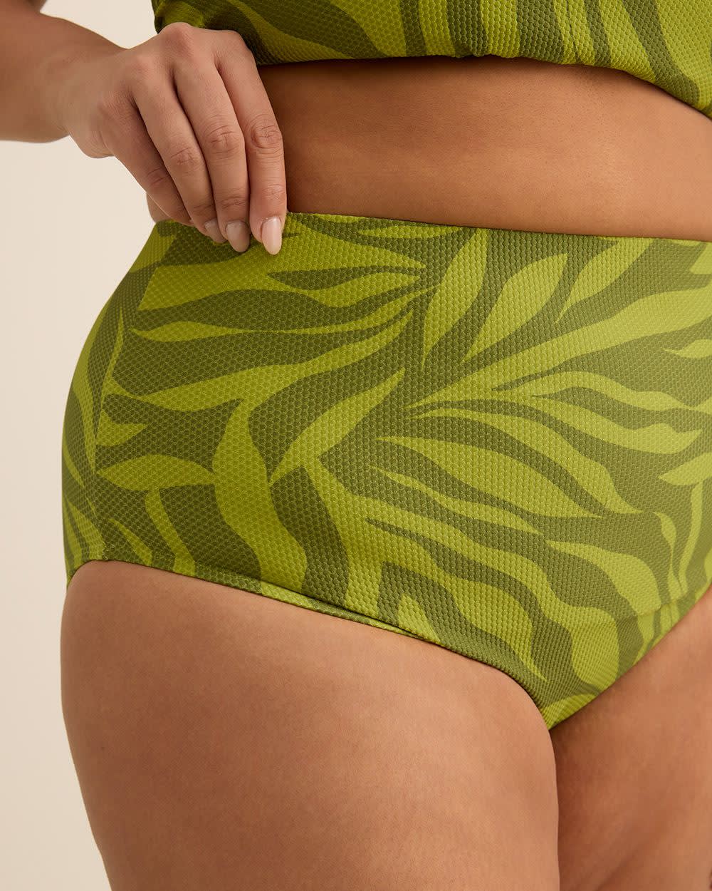 Green Foliage-Print High-Waisted Swim Brief