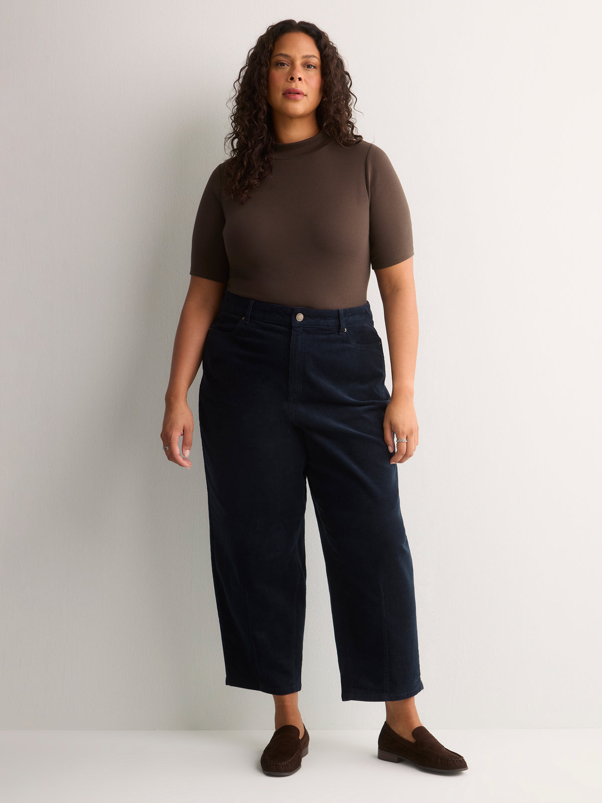 Fitted Mock-Neck Elbow-Sleeve Rib Knit Top